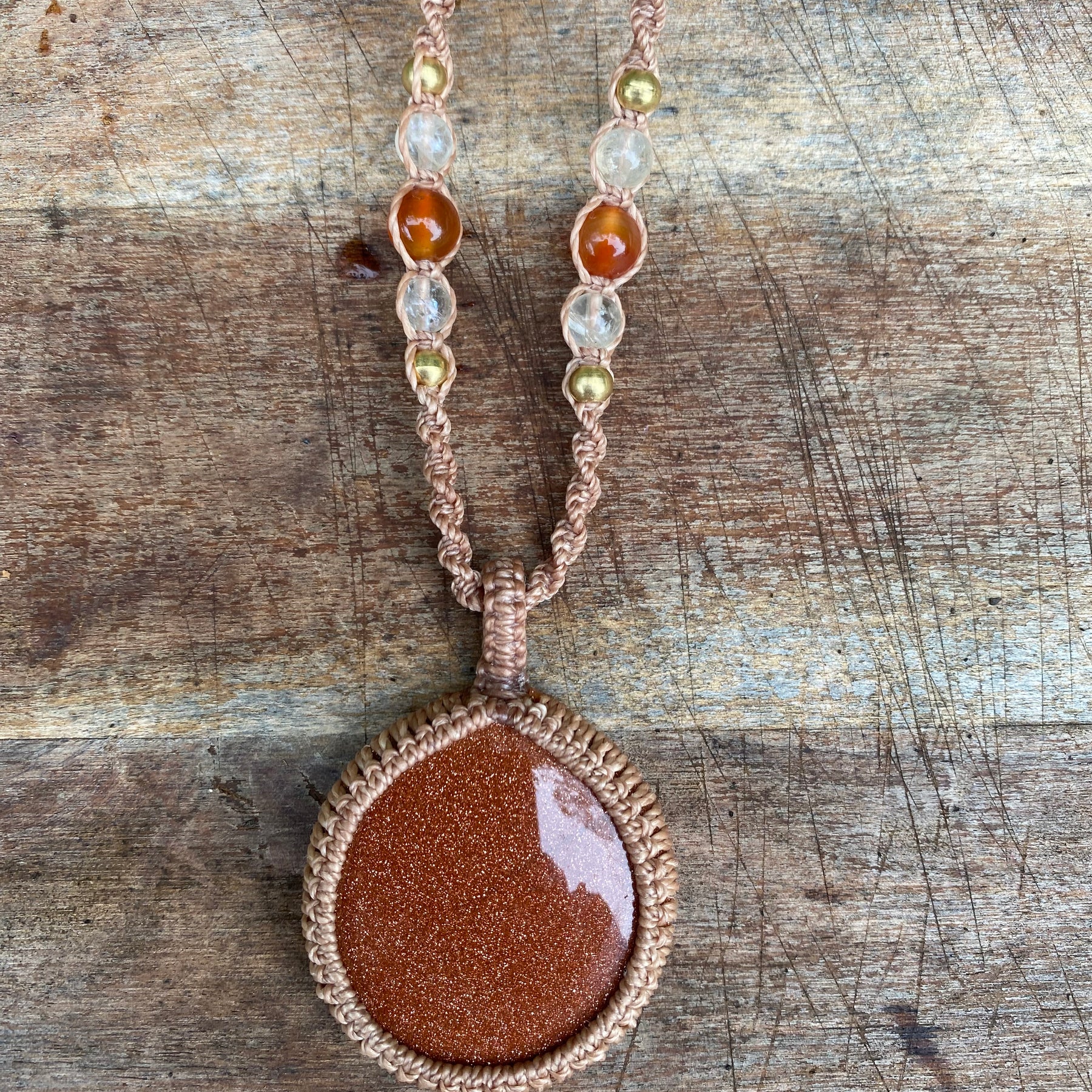 Goldstone Macrame Pendant Necklace, Carnelian Citrine Boho Style,