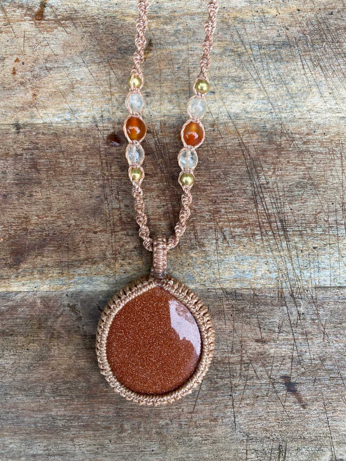 Goldstone Macrame Pendant Necklace, Carnelian Citrine Boho Style,