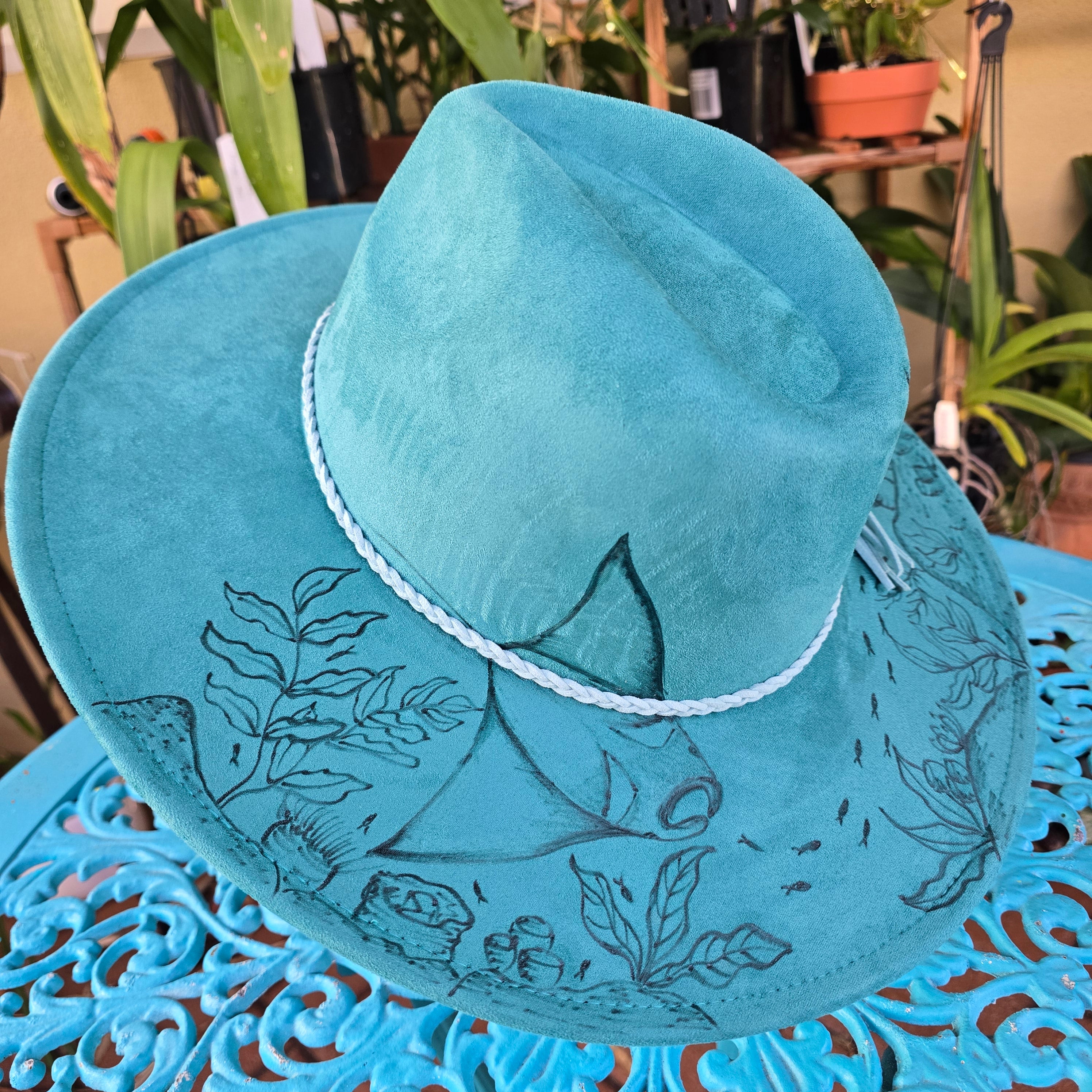 Hand burnt fedora hat: The manta cove