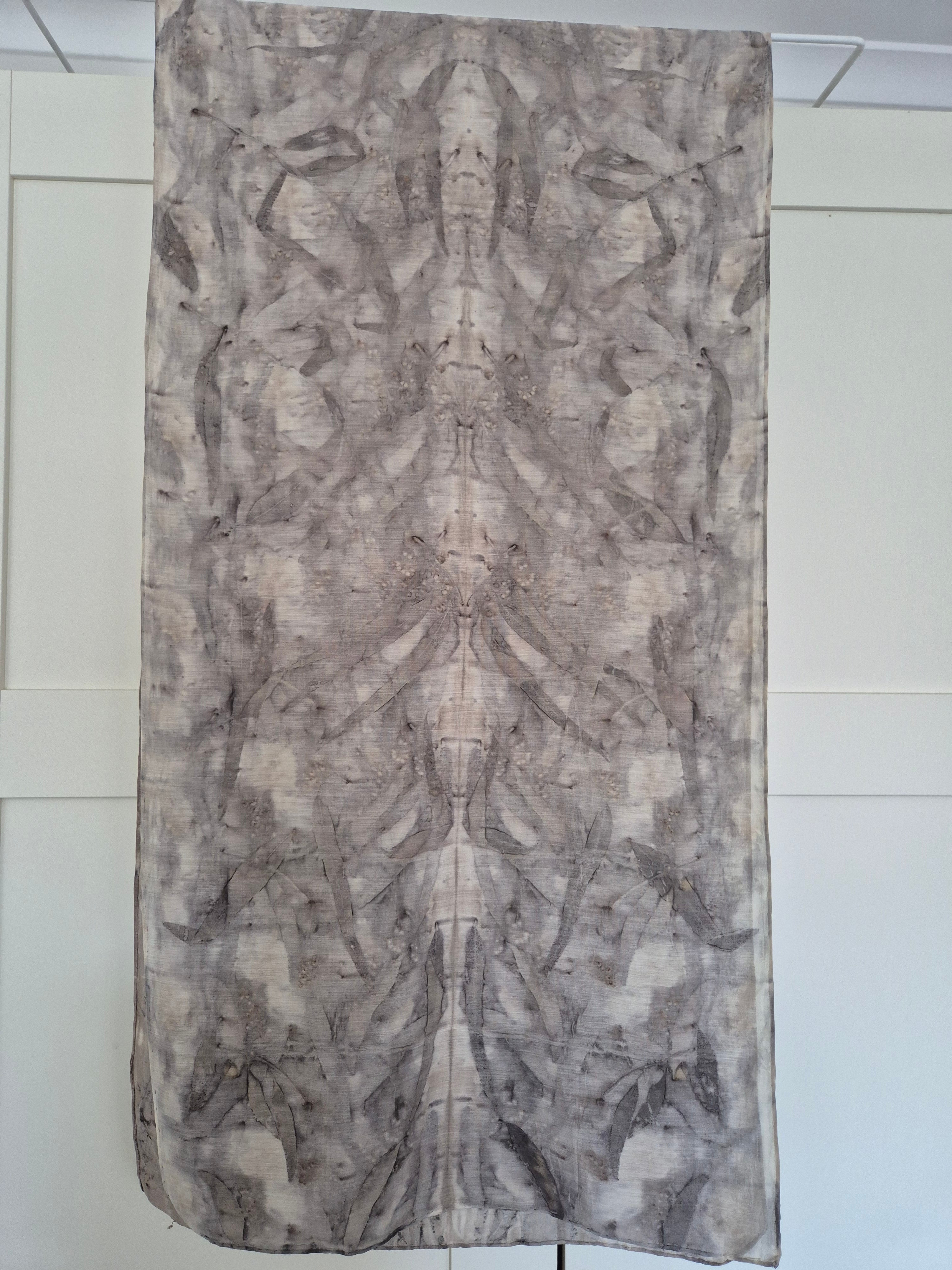 Ecoprinted scarf soft silk cotton neutral black grey