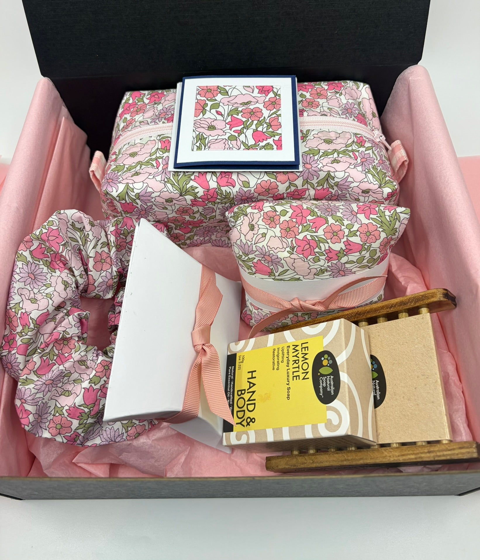 Liberty Fabric Luxury Handmade gift box including a zipper pouch, ear rings and scrunchie