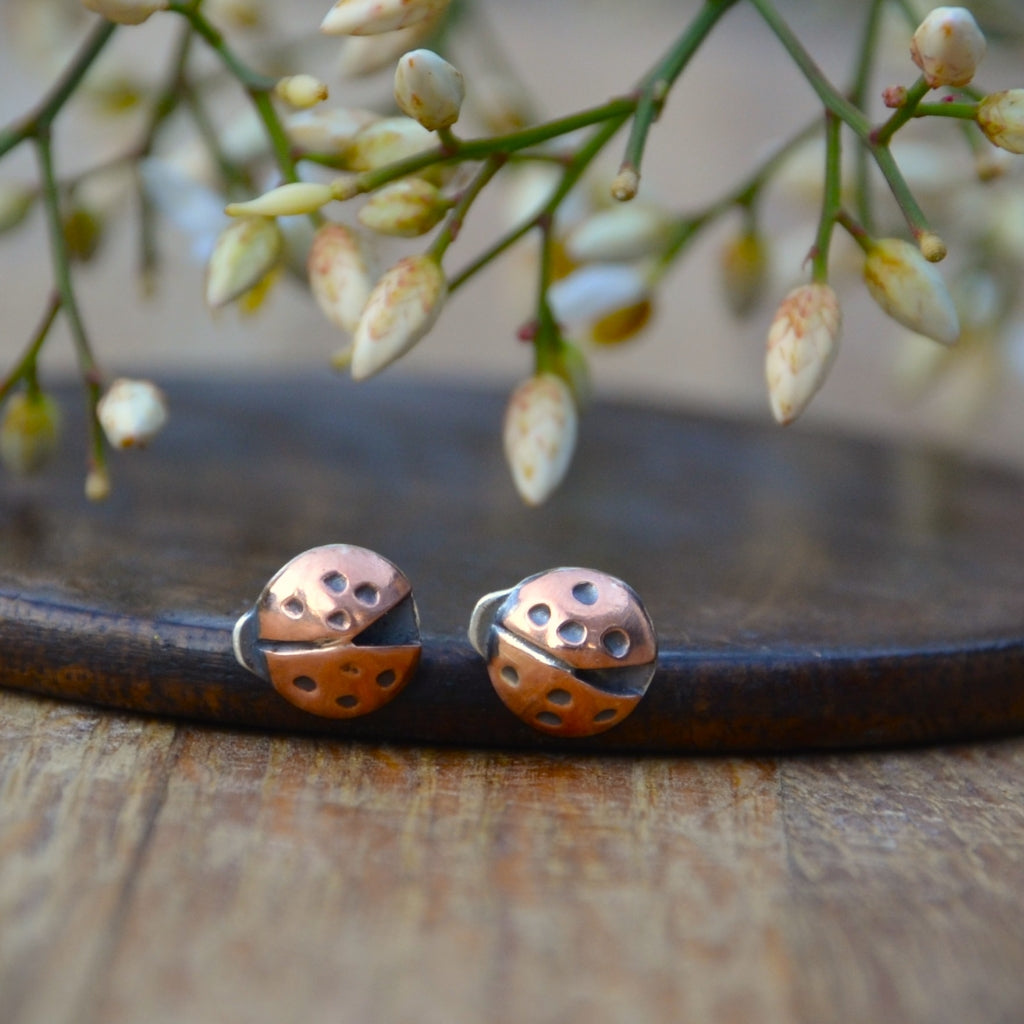Copper and Silver Ladybird Stud Earrings