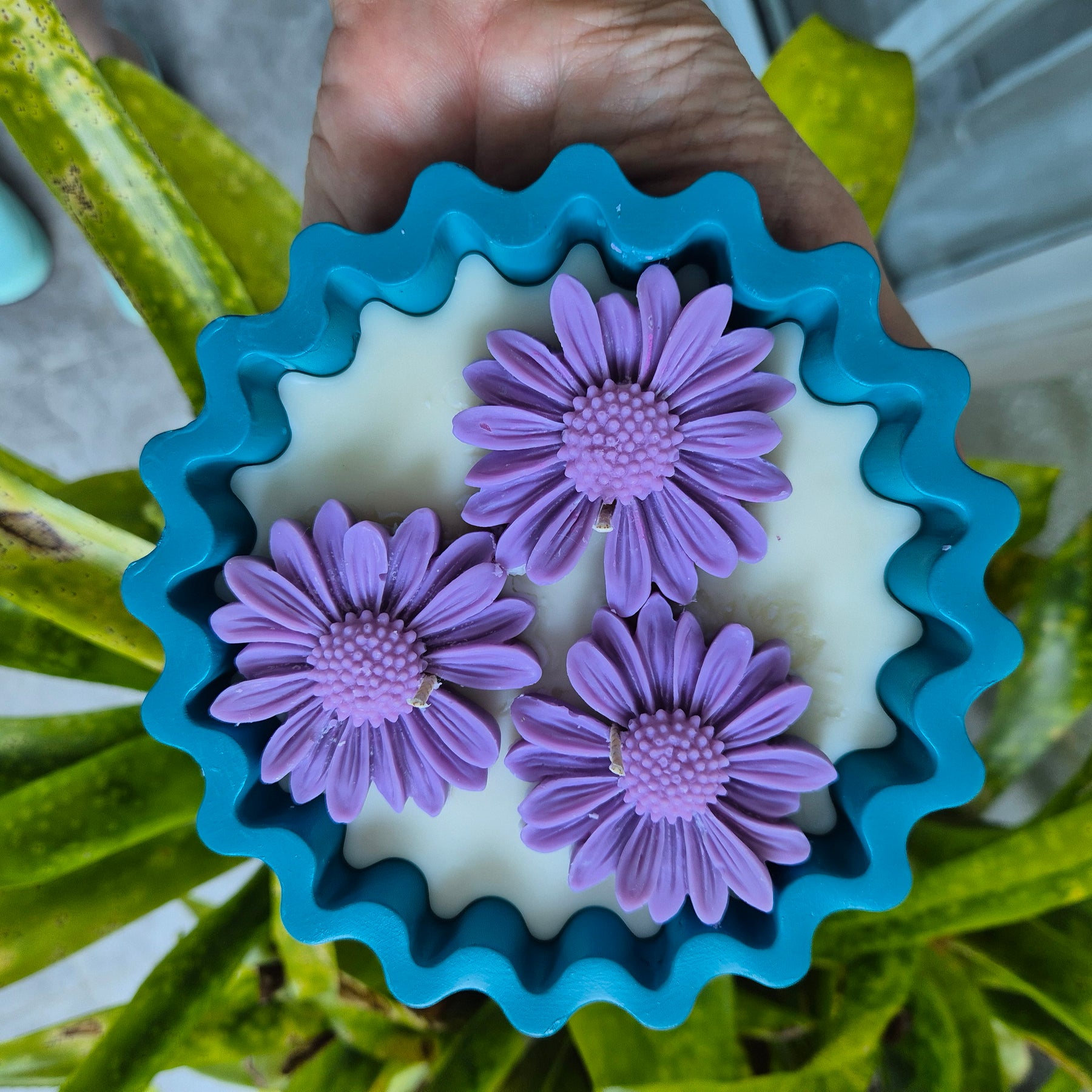 Teal Eco-concrete daisy bowl candle with fragranced soy wax