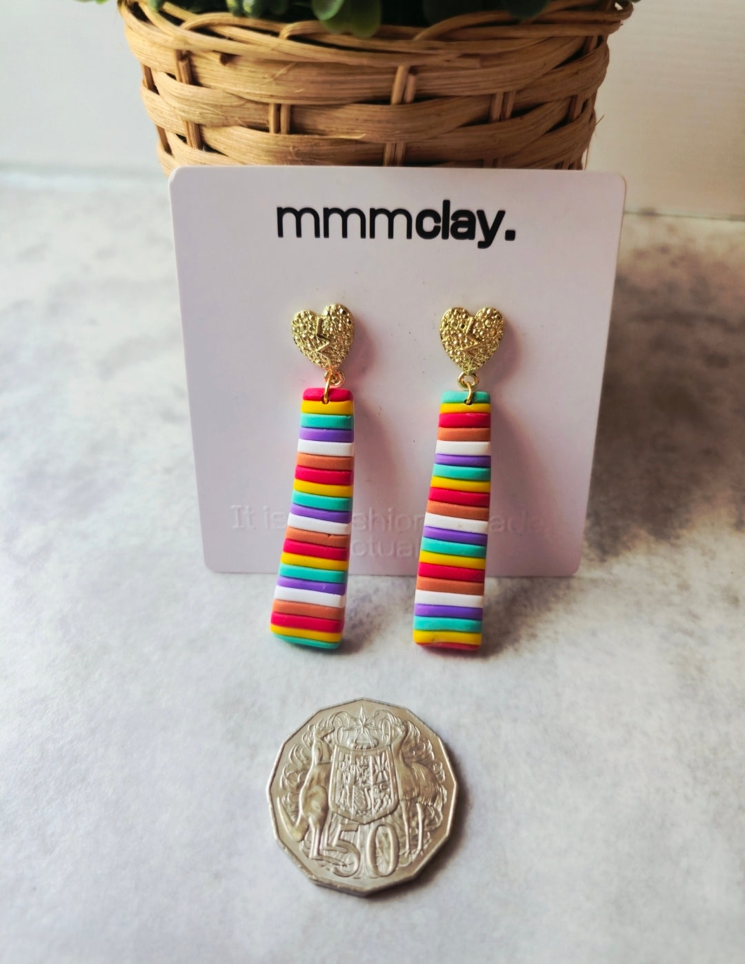 Rainbow Striped Heart Drop Earrings | Handmade Polymer Clay