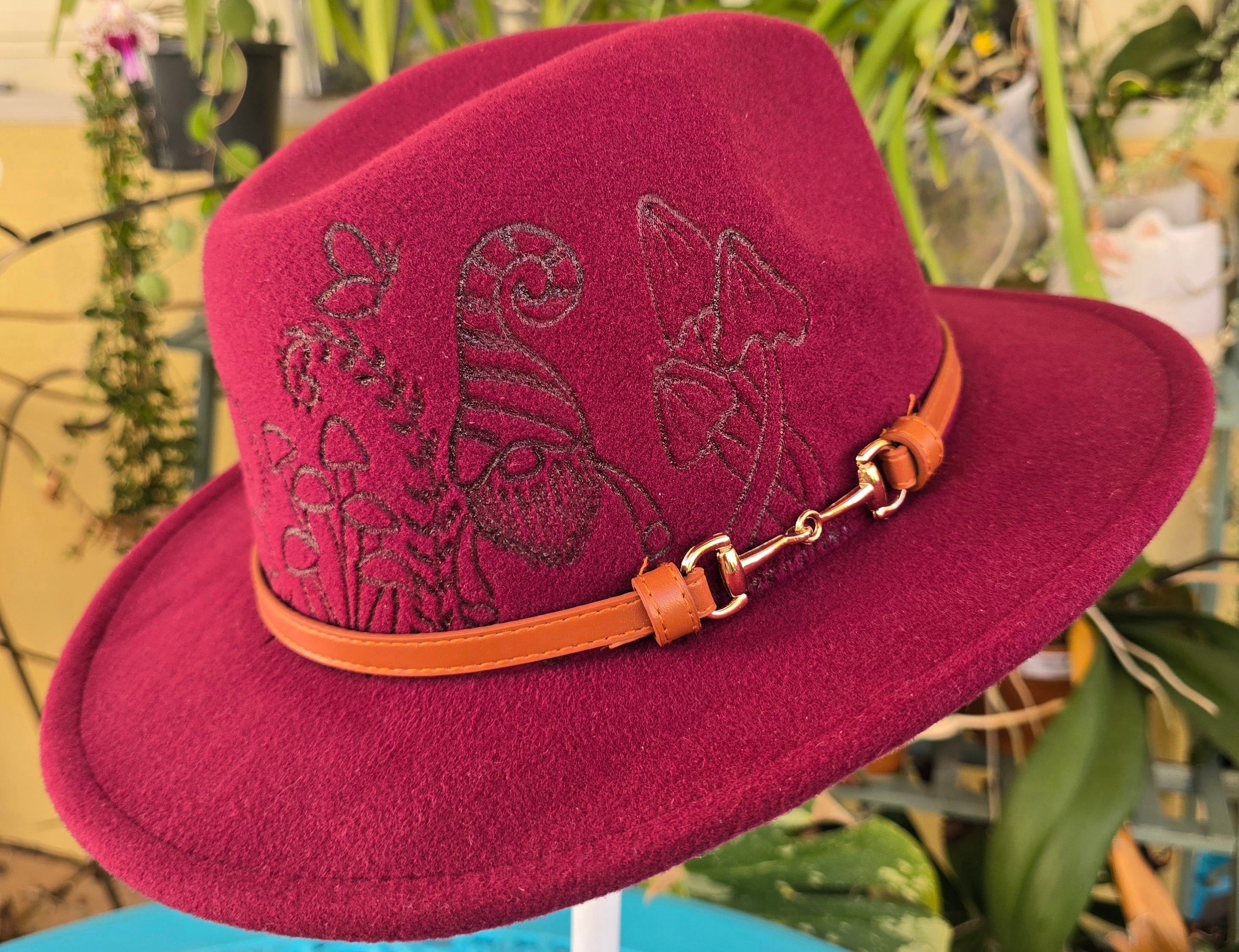 Hand burnt short brim fedora hat -- Gnome, mushroom & fern