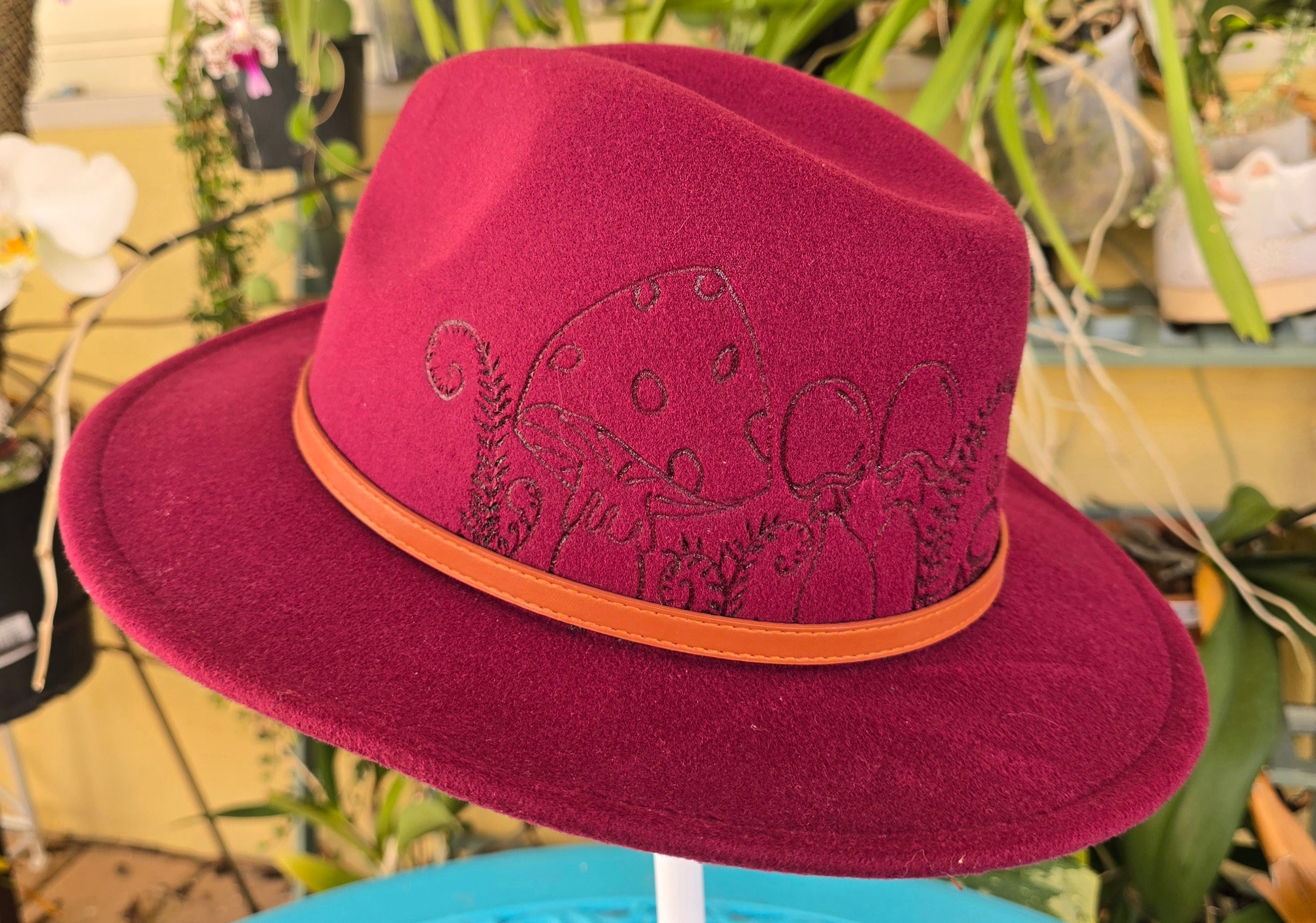 Hand burnt short brim fedora hat -- Gnome, mushroom & fern
