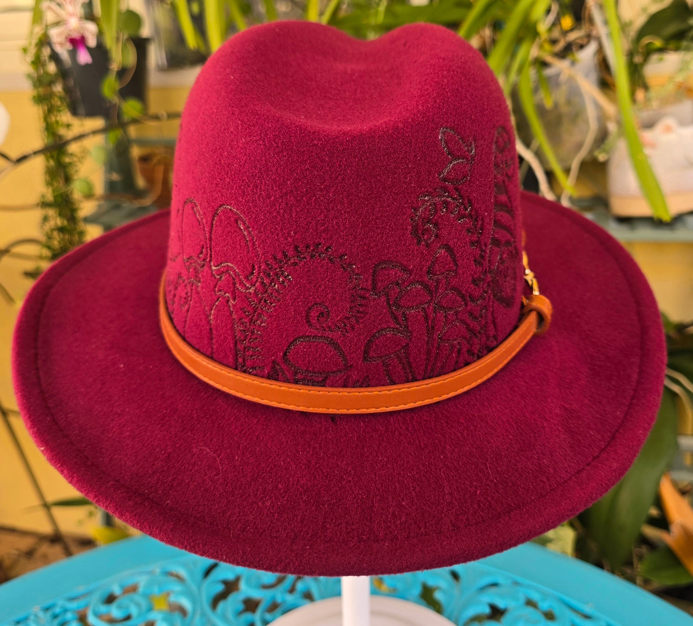 Hand burnt short brim fedora hat -- Gnome, mushroom & fern