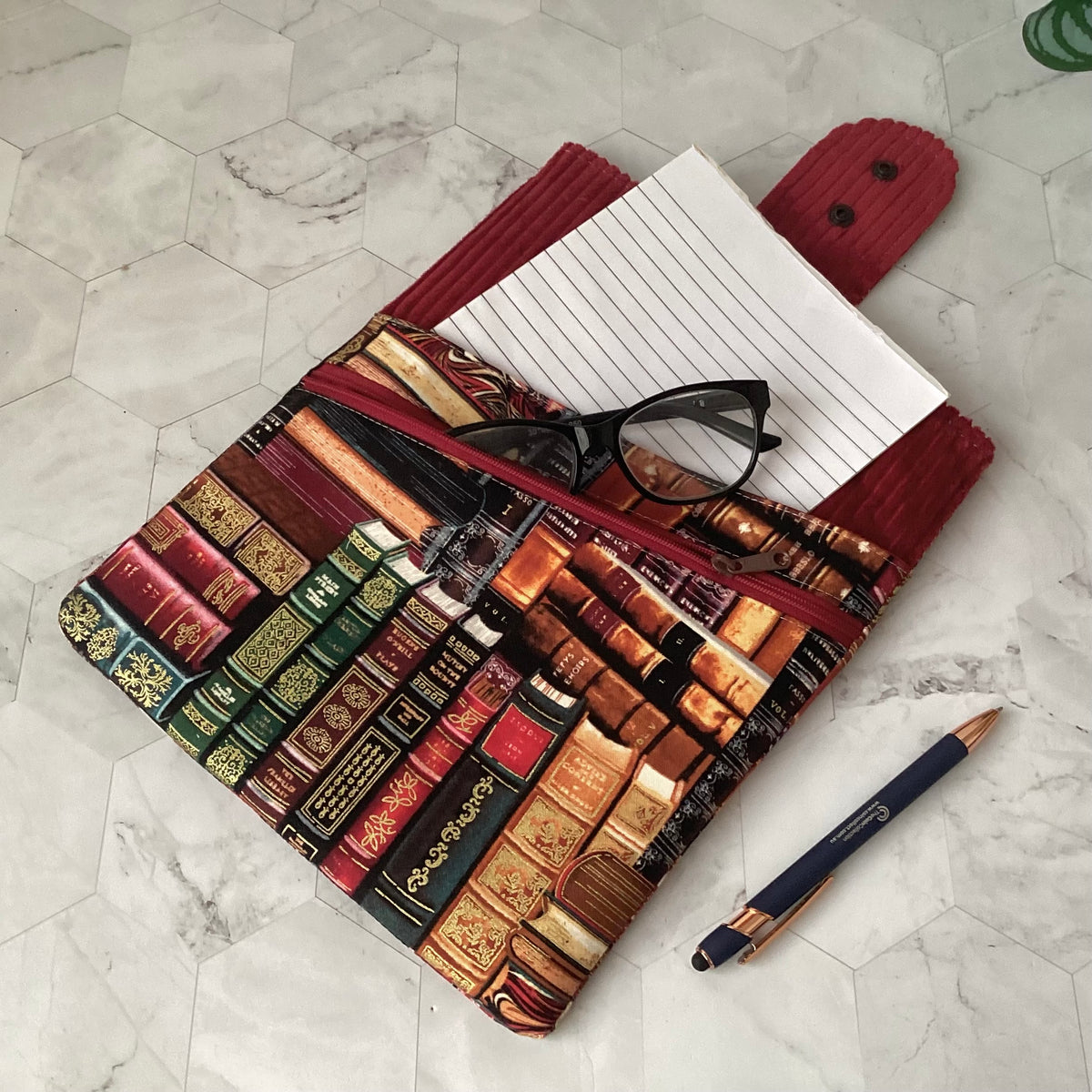 Library books fabric book sleeve with 2 pockets. iPad, tablet pouch