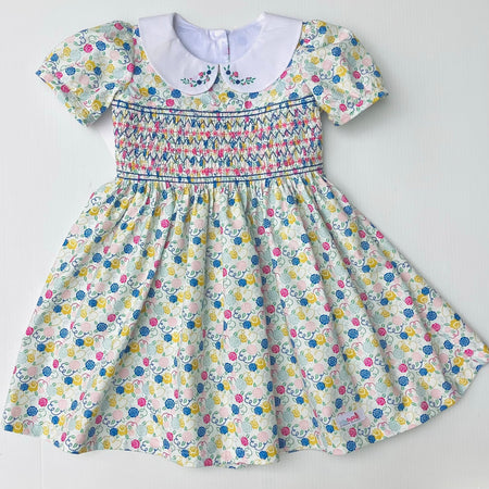 Liberty Smocked Dress with Hand Embroidered Collar