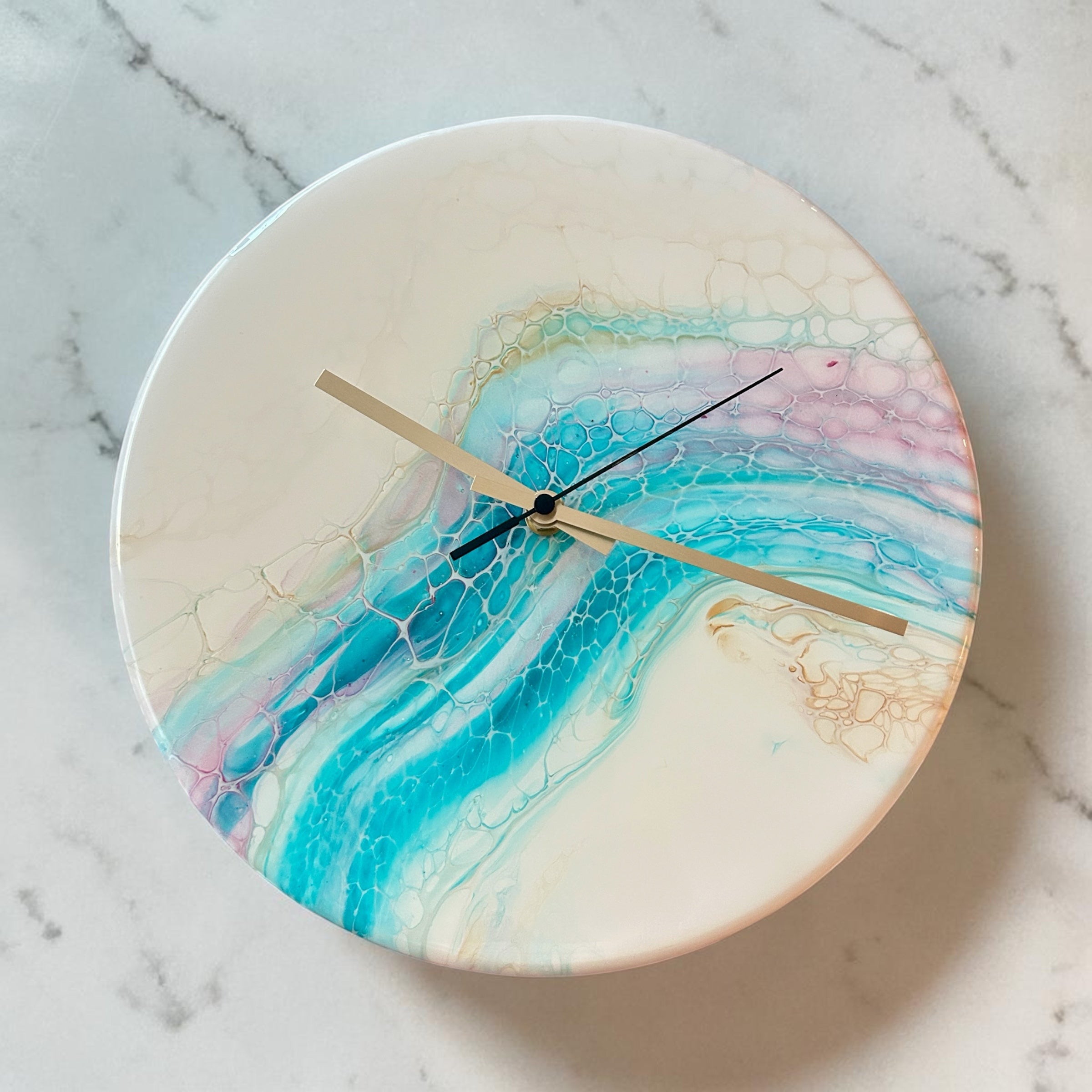 Timber Clock | 30cm Fluid Art/Resin | White-Teal-Gold