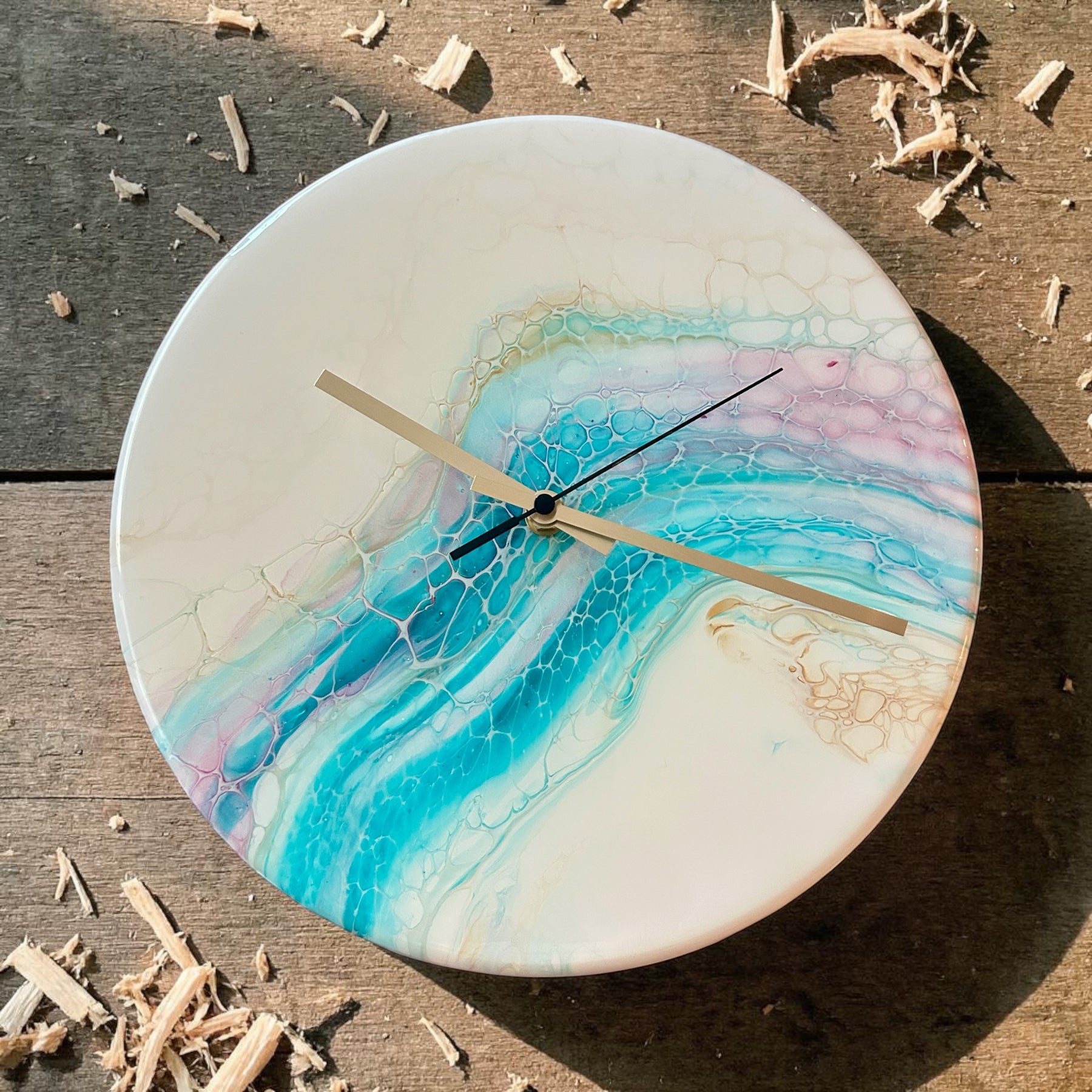 Timber Clock | 30cm Fluid Art/Resin | White-Teal-Gold