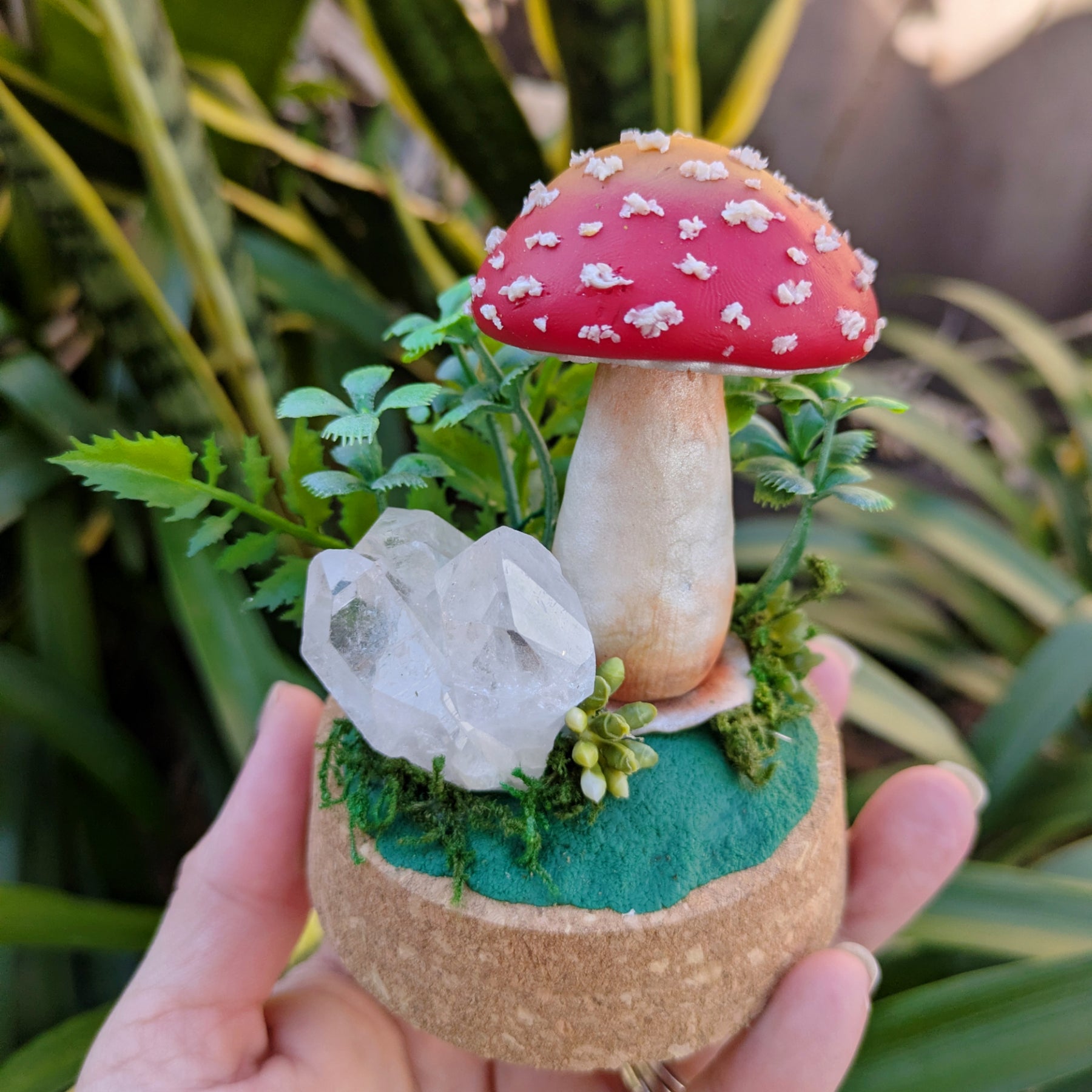 Enchanted Amanita Mushroom Dome with a Clear Quartz
