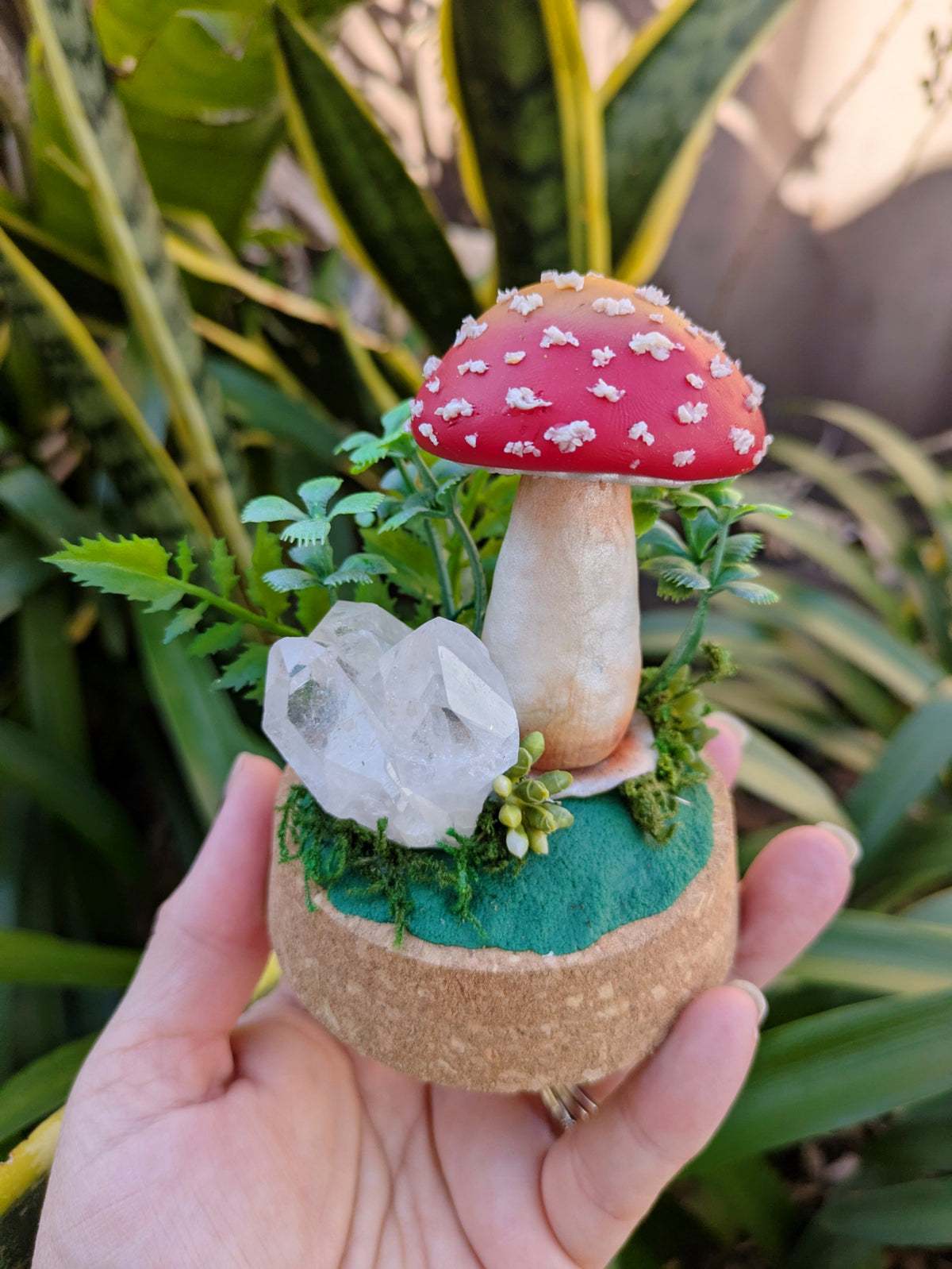 Enchanted Amanita Mushroom Dome with a Clear Quartz
