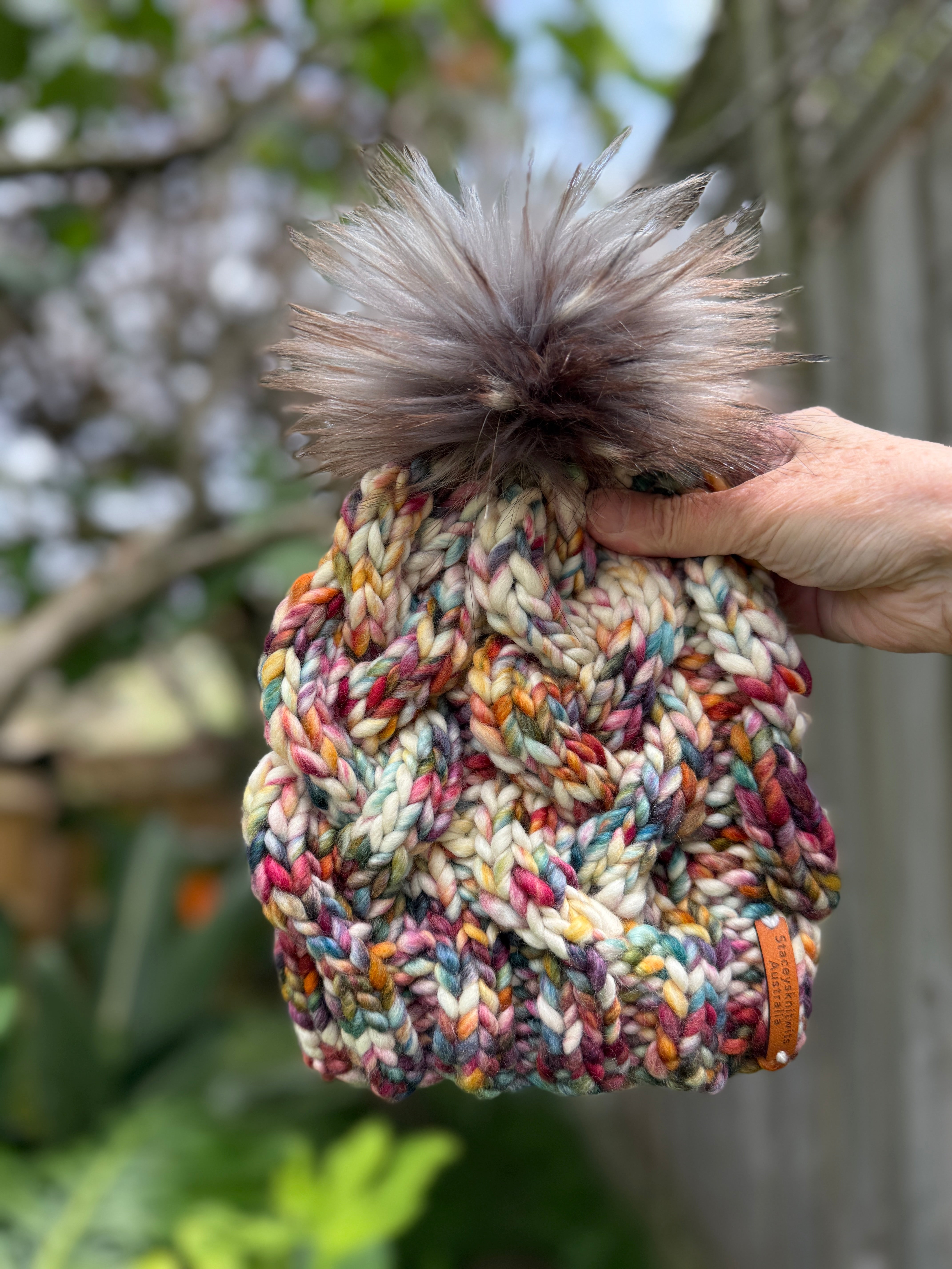 Hand knitted cable beanie, rainbow pompom ladies beanie
