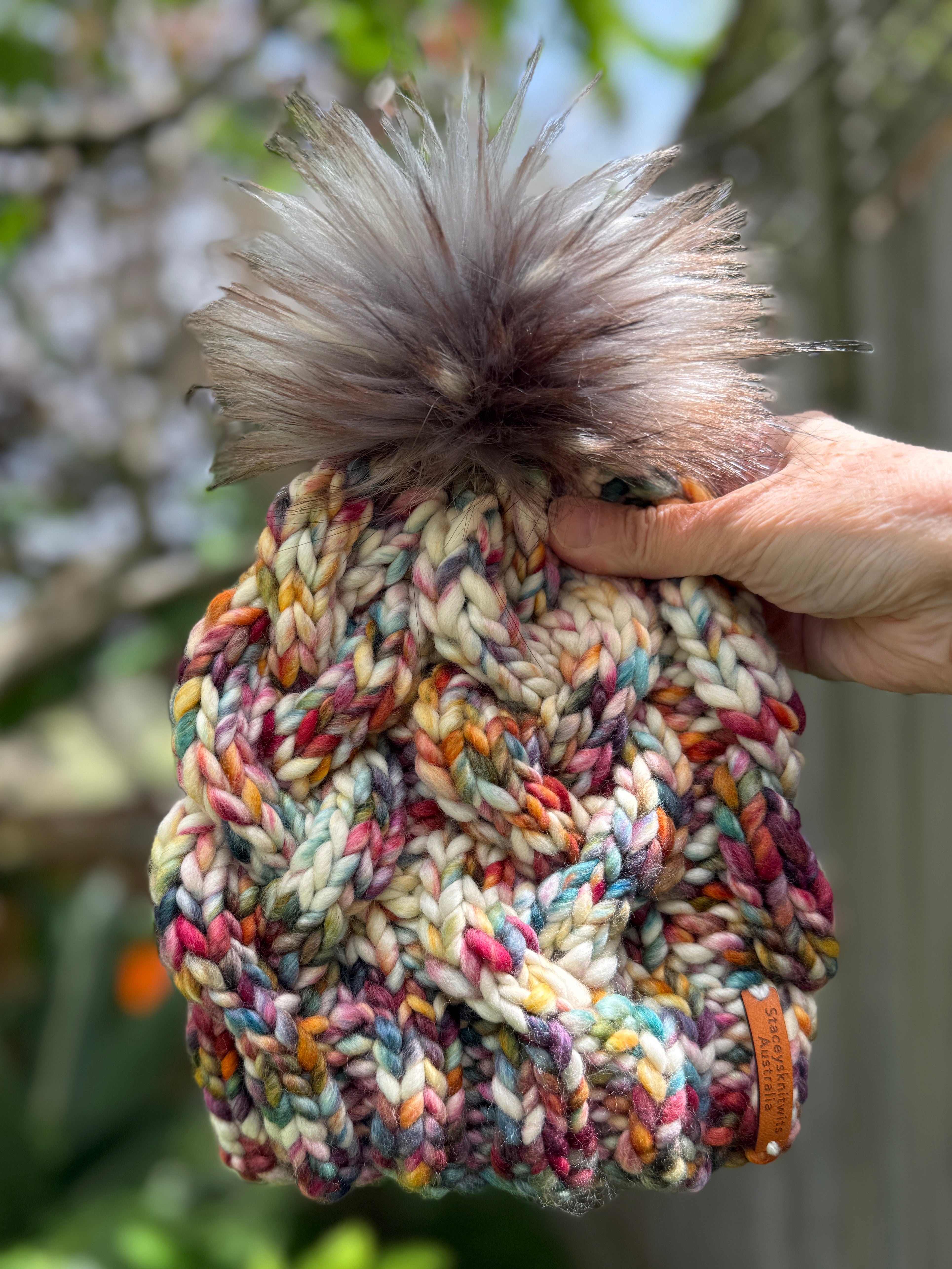 Hand knitted cable beanie, rainbow pompom ladies beanie