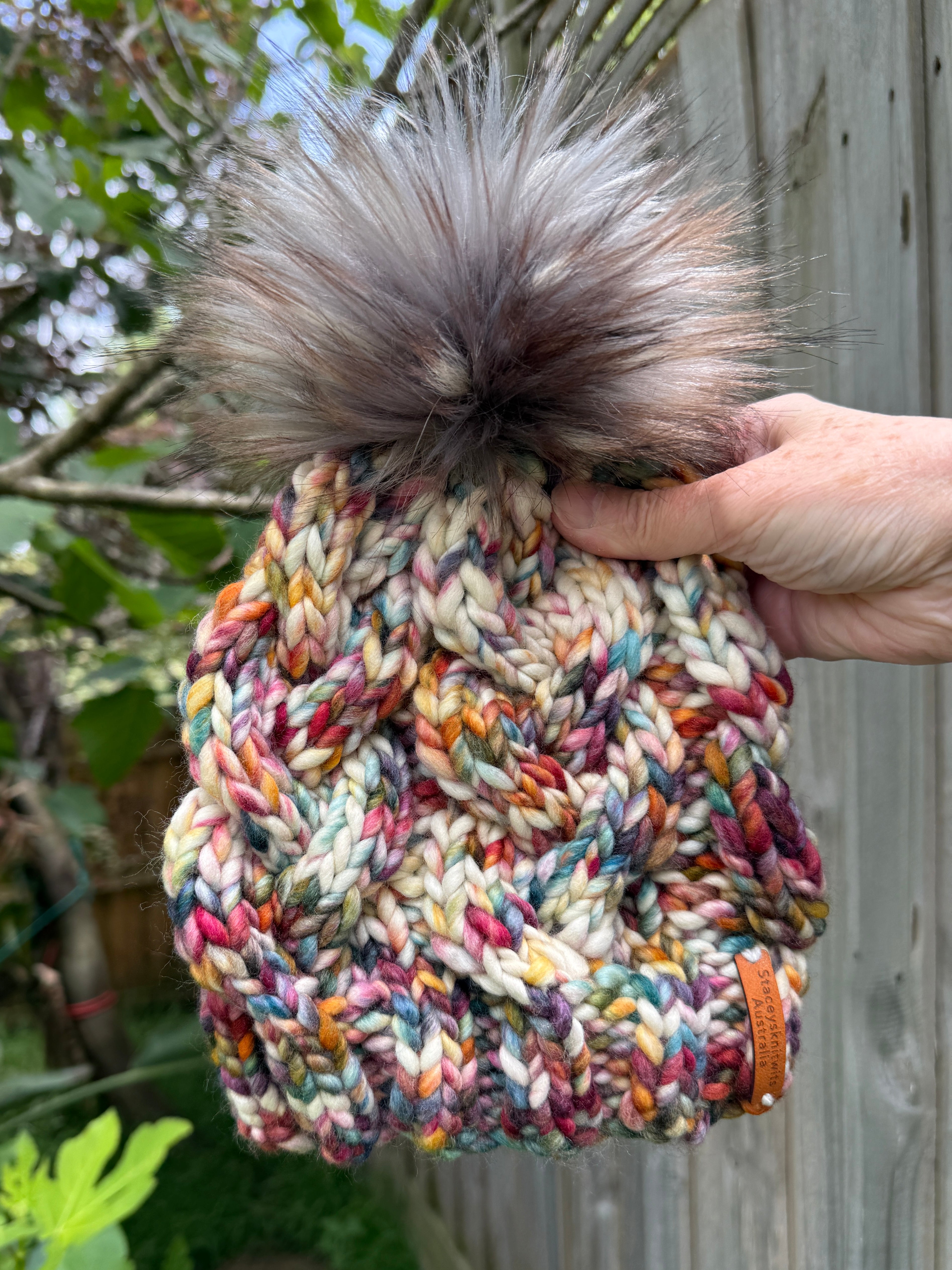 Hand knitted cable beanie, rainbow pompom ladies beanie