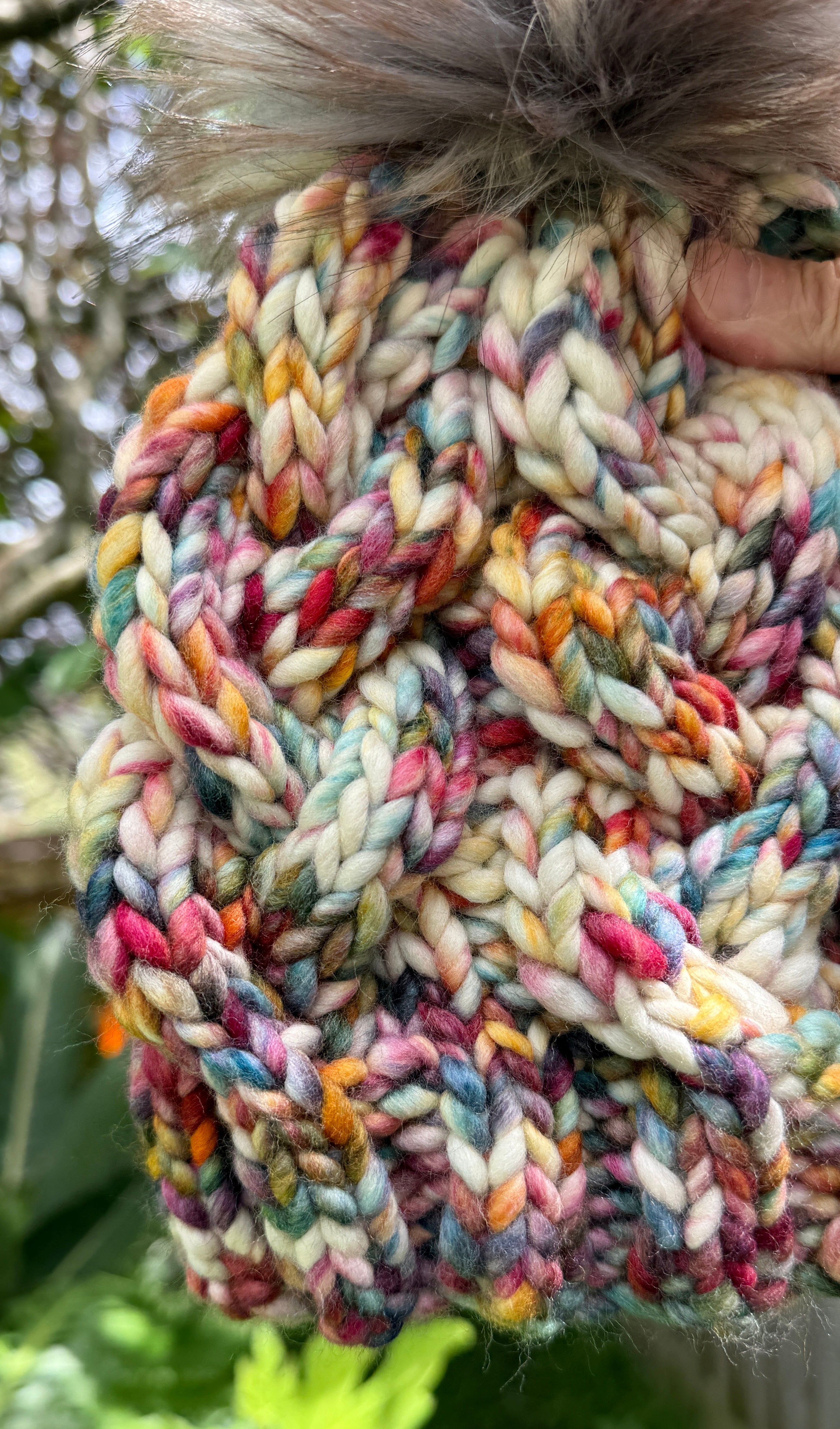 Hand knitted cable beanie, rainbow pompom ladies beanie