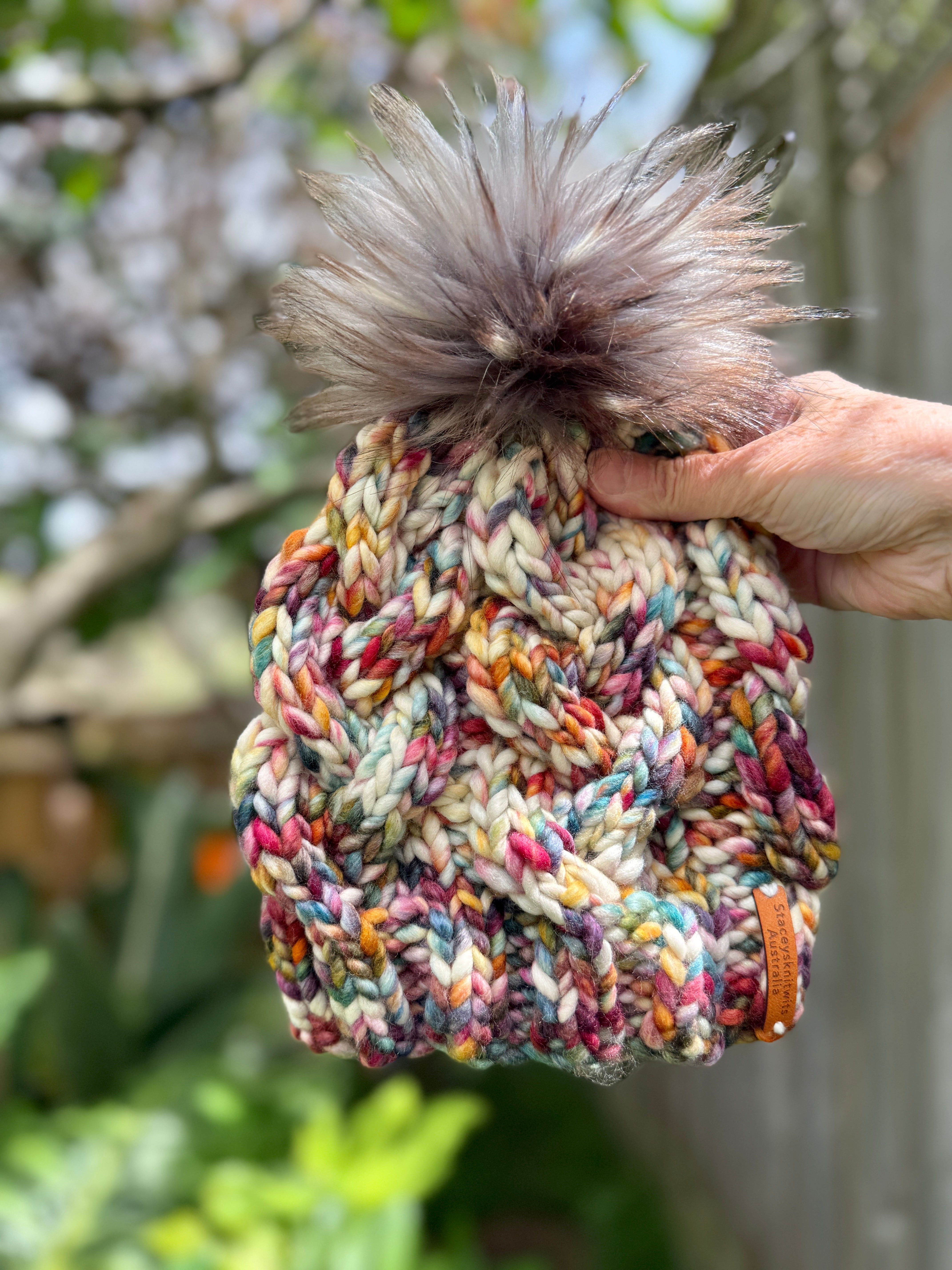 Hand knitted cable beanie, rainbow pompom ladies beanie