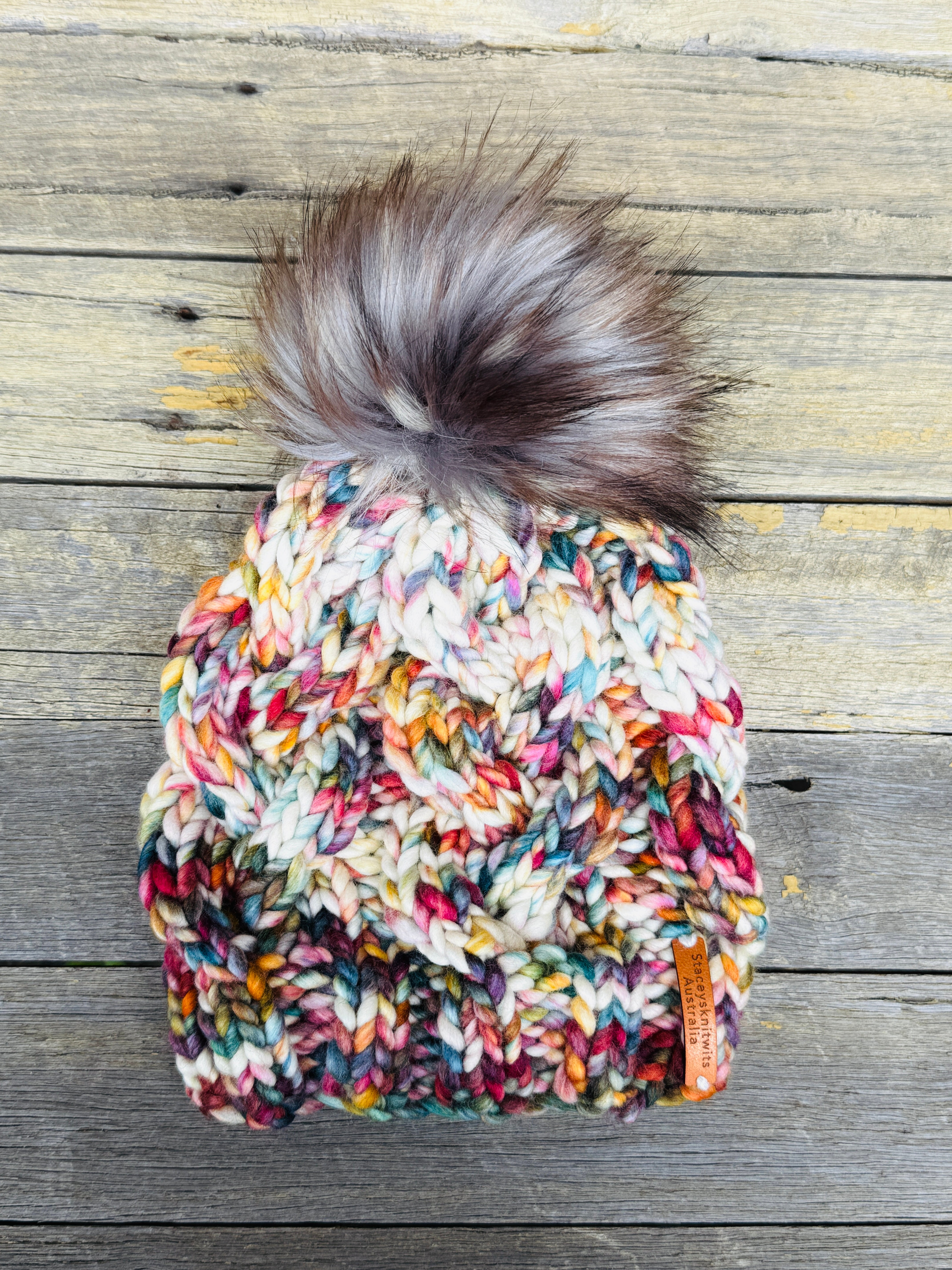 Hand knitted cable beanie, rainbow pompom ladies beanie