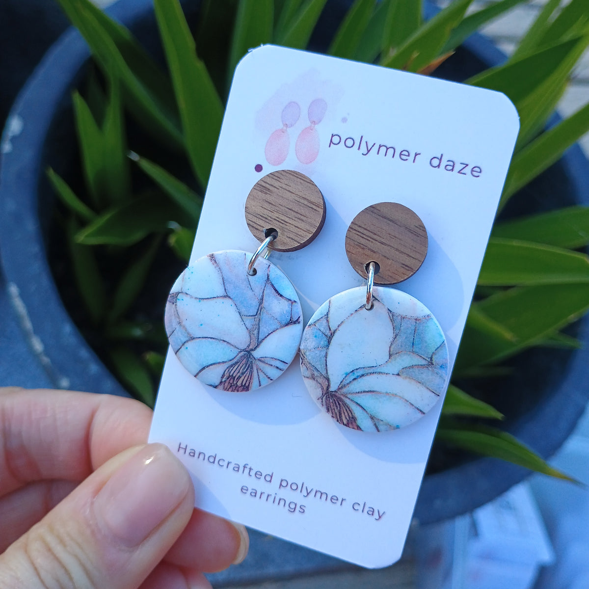 Marble floral earrings with natural wood stud top