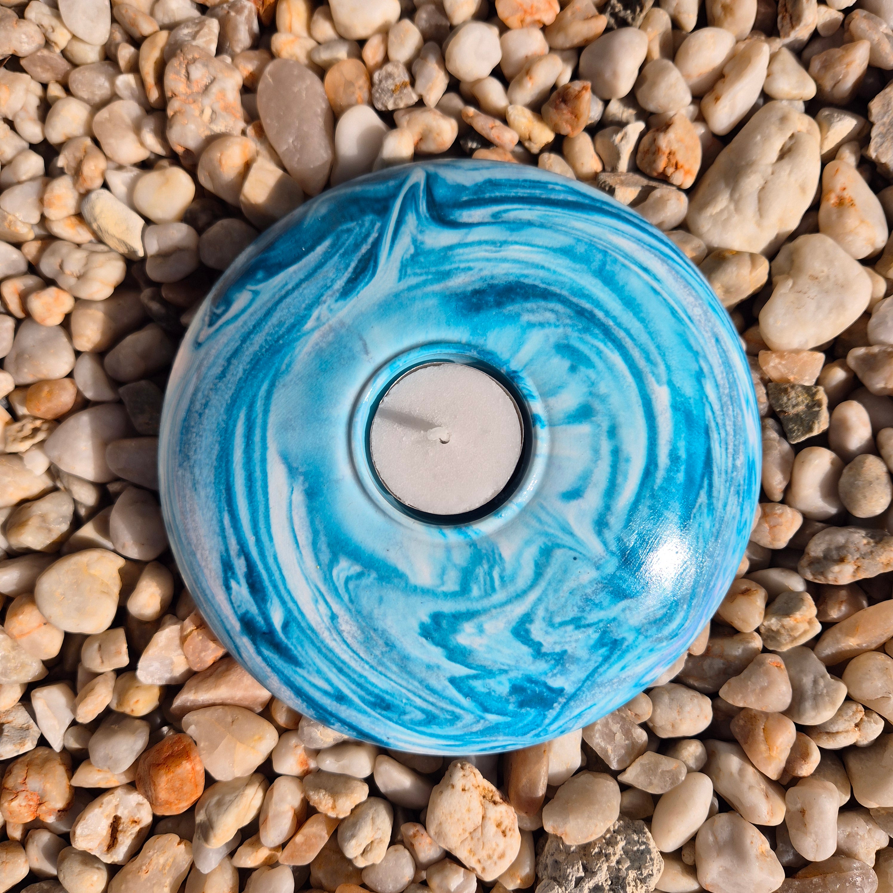 Large round concrete tealight candle holder in teal
