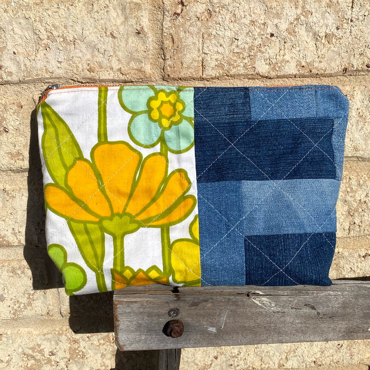 Handmade Pouch Cosmetic Bag Upcycled Vintage Retro - Orange Marigold
