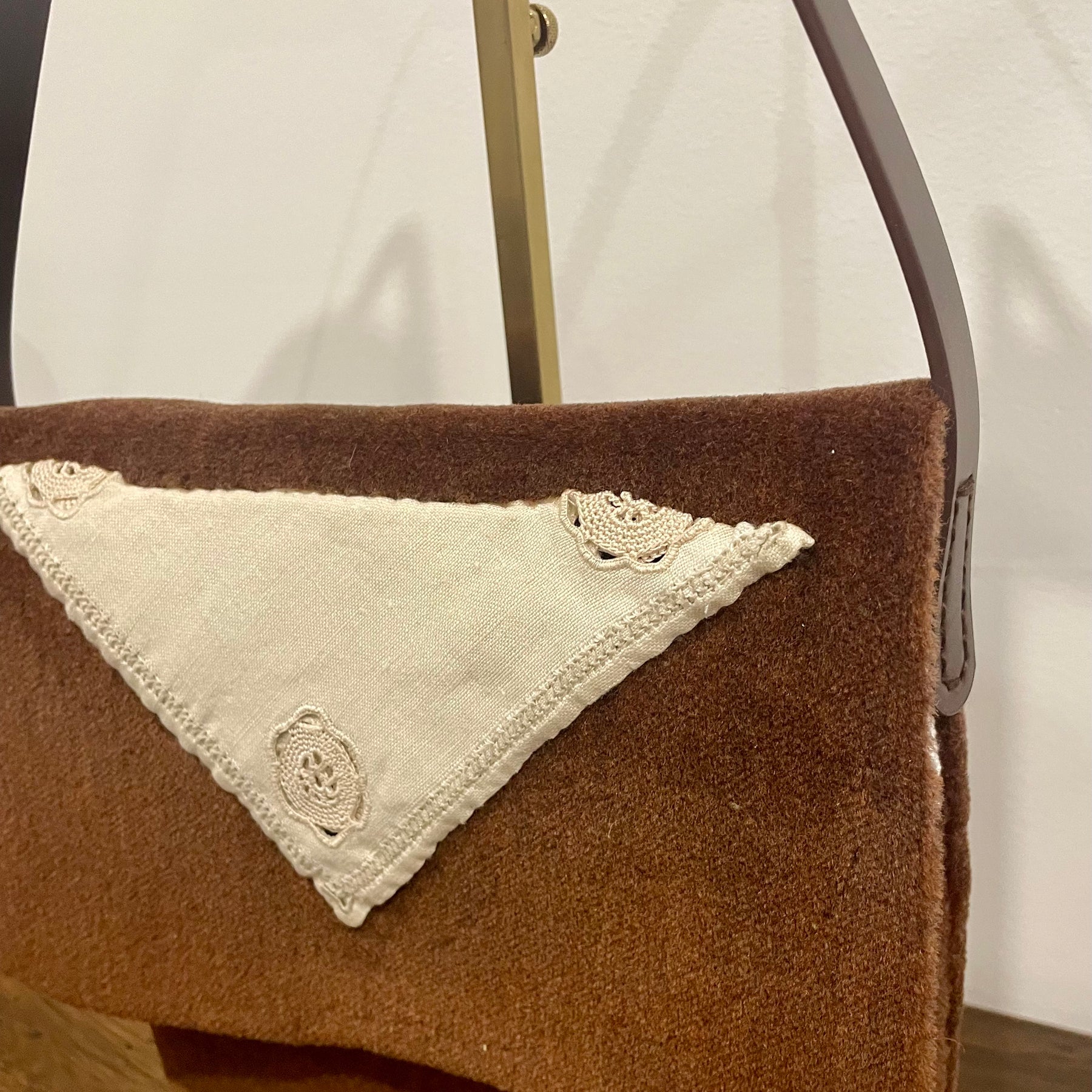 Brown Velvet Handbag — Embroidered Doily, One-of-a-Kind Upcycled Design