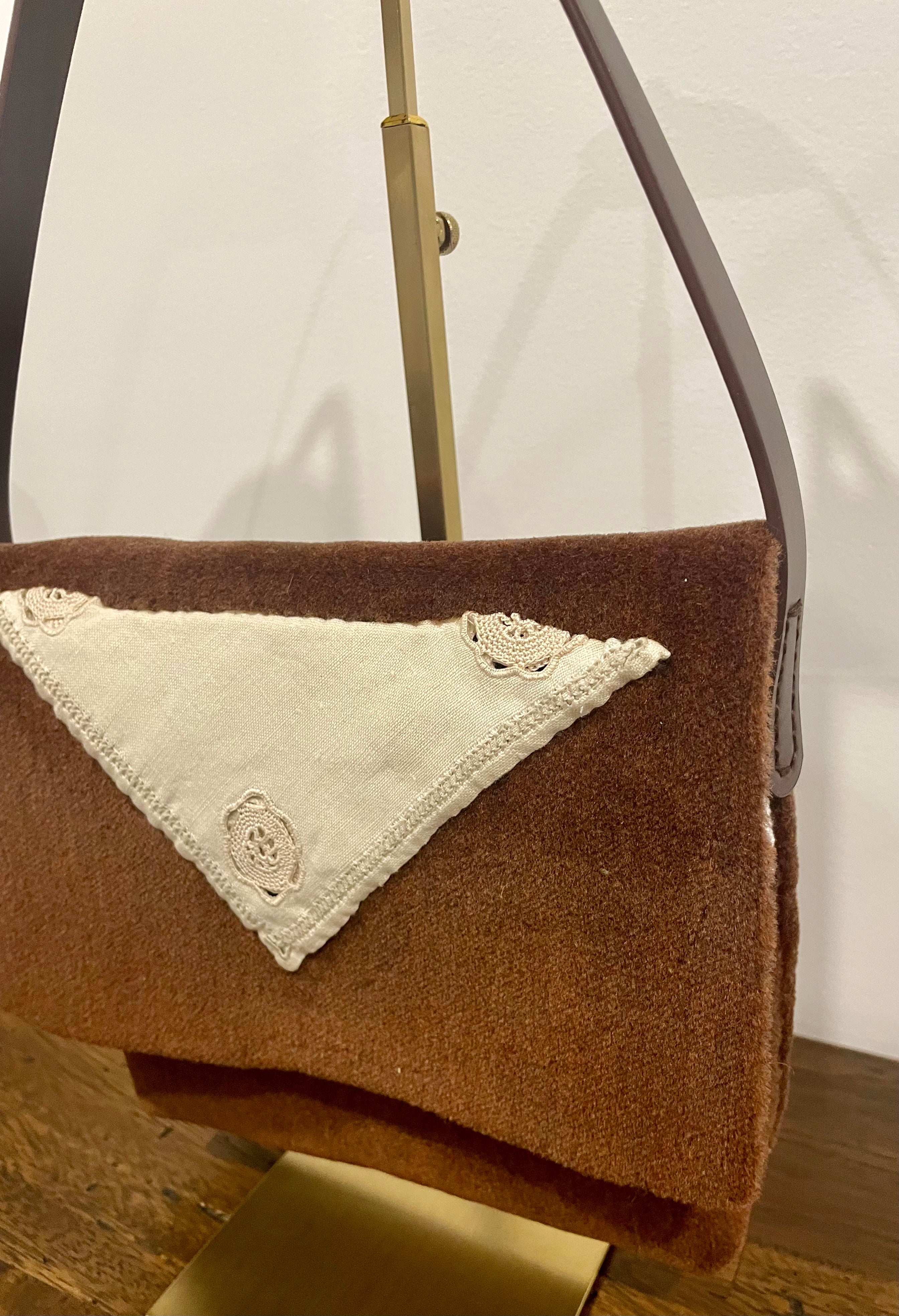 Brown Velvet Handbag — Embroidered Doily, One-of-a-Kind Upcycled Design
