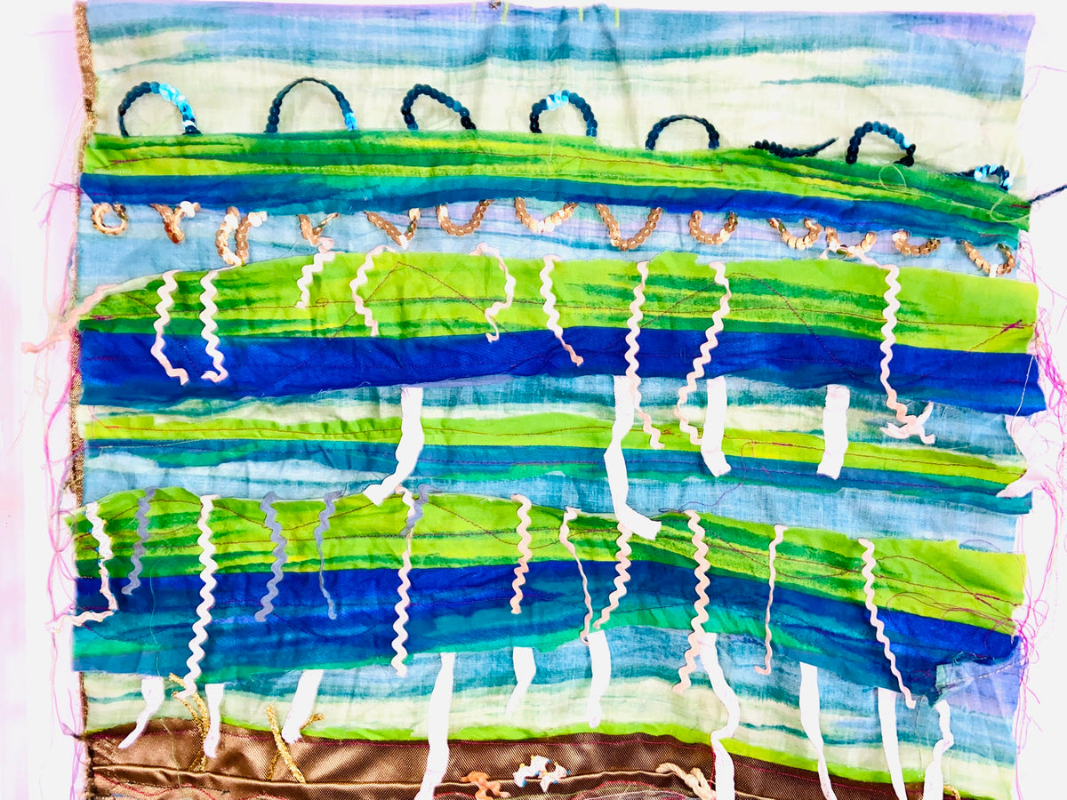 Green, Blue and Gold textile wall hanging