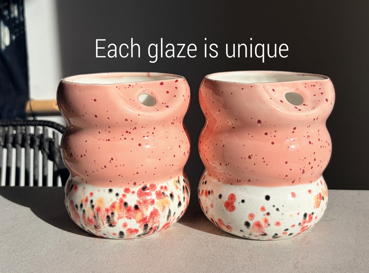 Handcrafted Porcelain Tumbler with Silicon Straw, 600mL Bubble Cup in Strawberry Boba Glaze