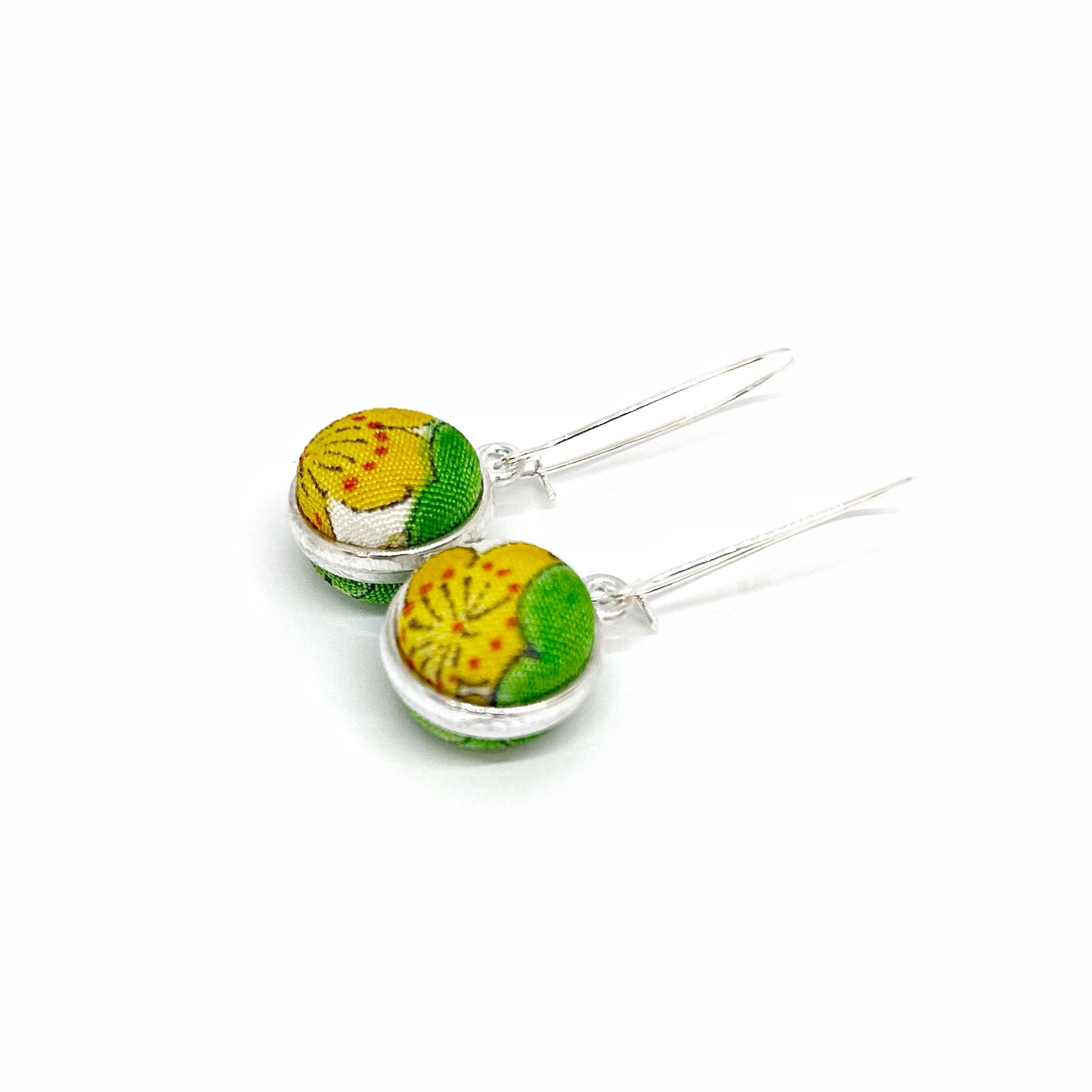 Double Sided Fabric Button Earrings - Green and Yellow