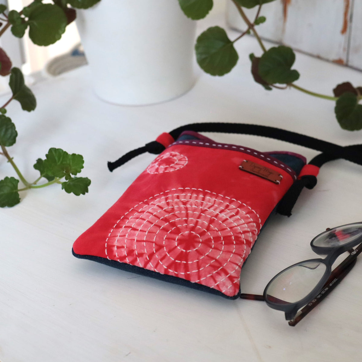 Tie Dyed Cross Body bag for Phone and Glasses, Phone Sling, red, upcycled jeans