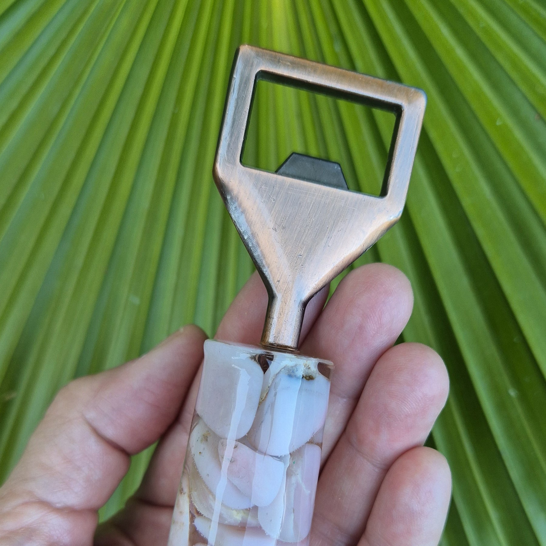 Handmade Resin Bottle Opener with embedded Pink Opal