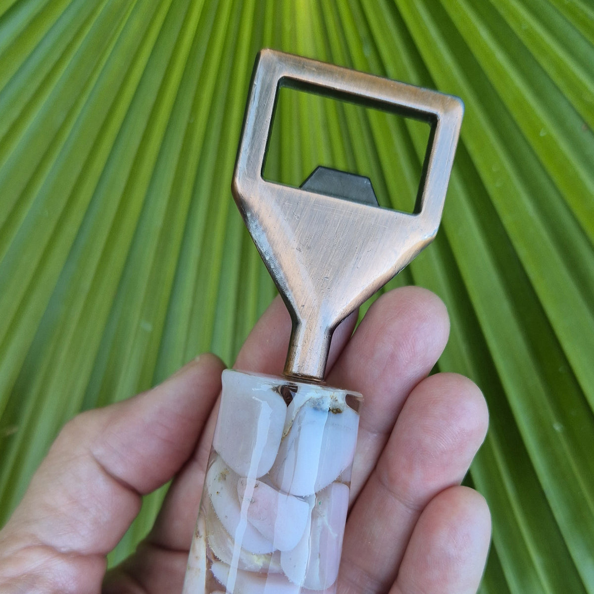 Handmade Resin Bottle Opener with embedded Pink Opal