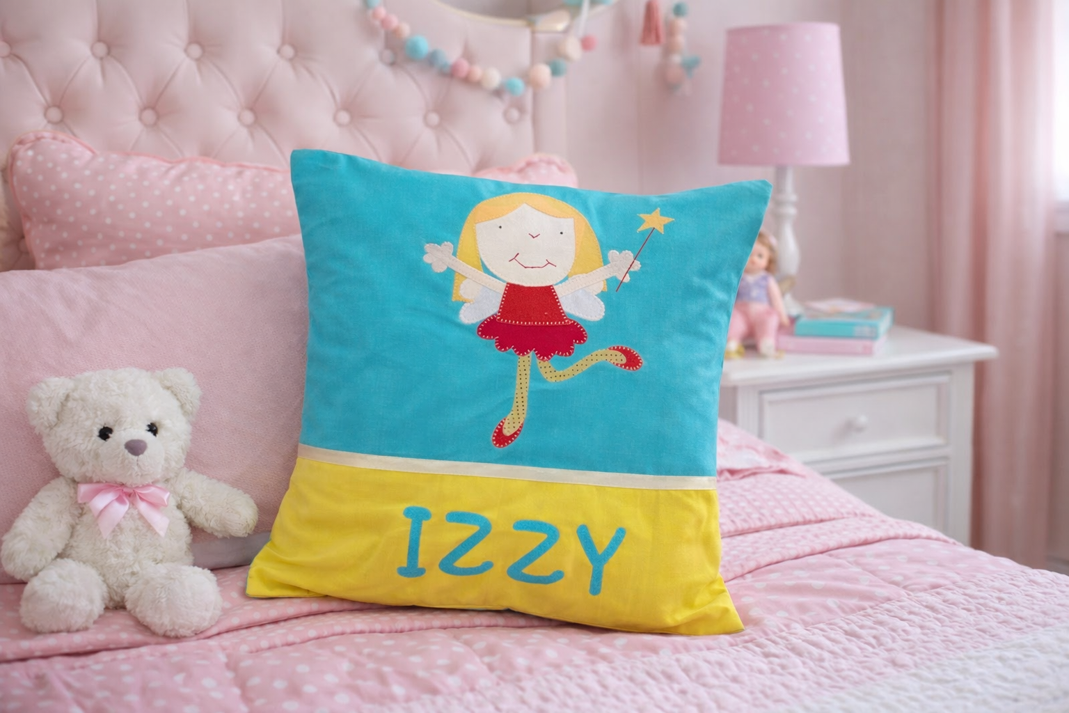 Personalised Kids Cushion | Custom Name Pillow | Handmade Applique Cushion | Nursery Decor - Fairy