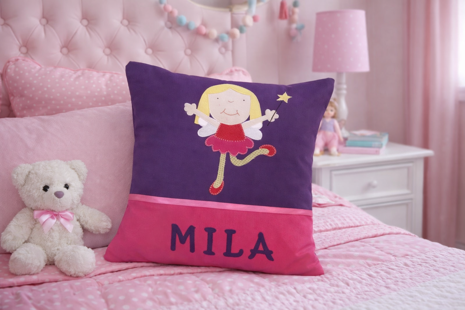 Personalised Kids Cushion | Custom Name Pillow | Handmade Applique Cushion | Nursery Decor - Fairy