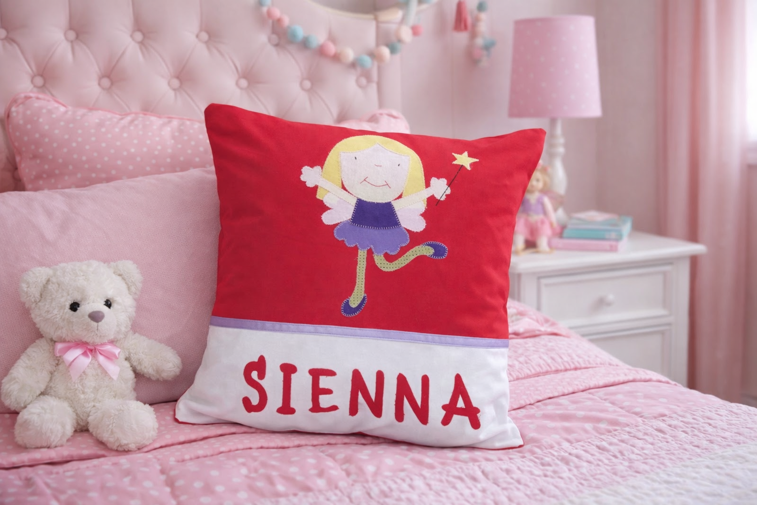 Personalised Kids Cushion | Custom Name Pillow | Handmade Applique Cushion | Nursery Decor - Fairy
