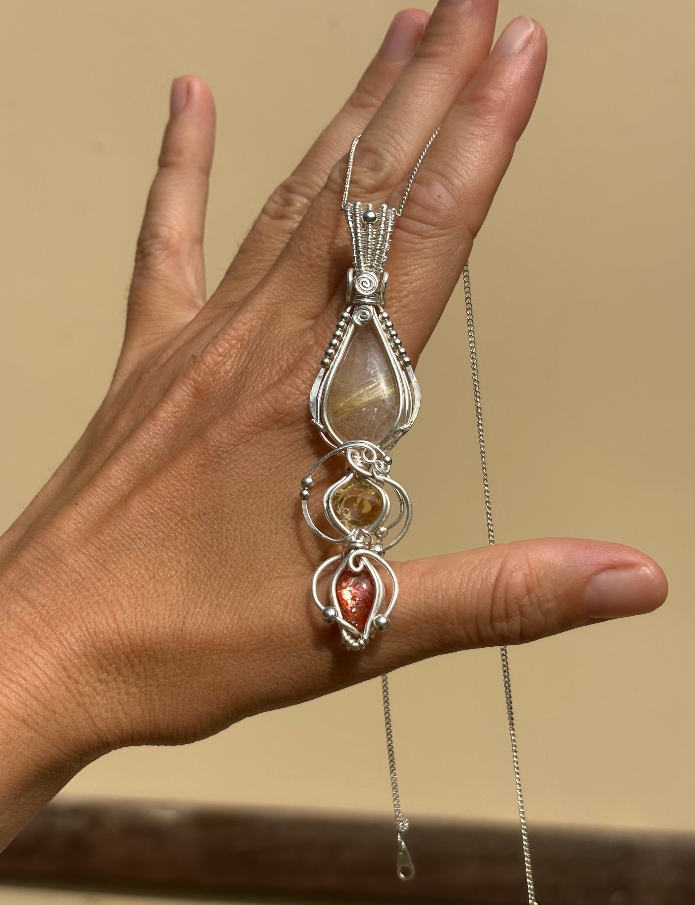 Citrine, Sunstone, Rutilated Quartz Crystal Pendant wire wrap