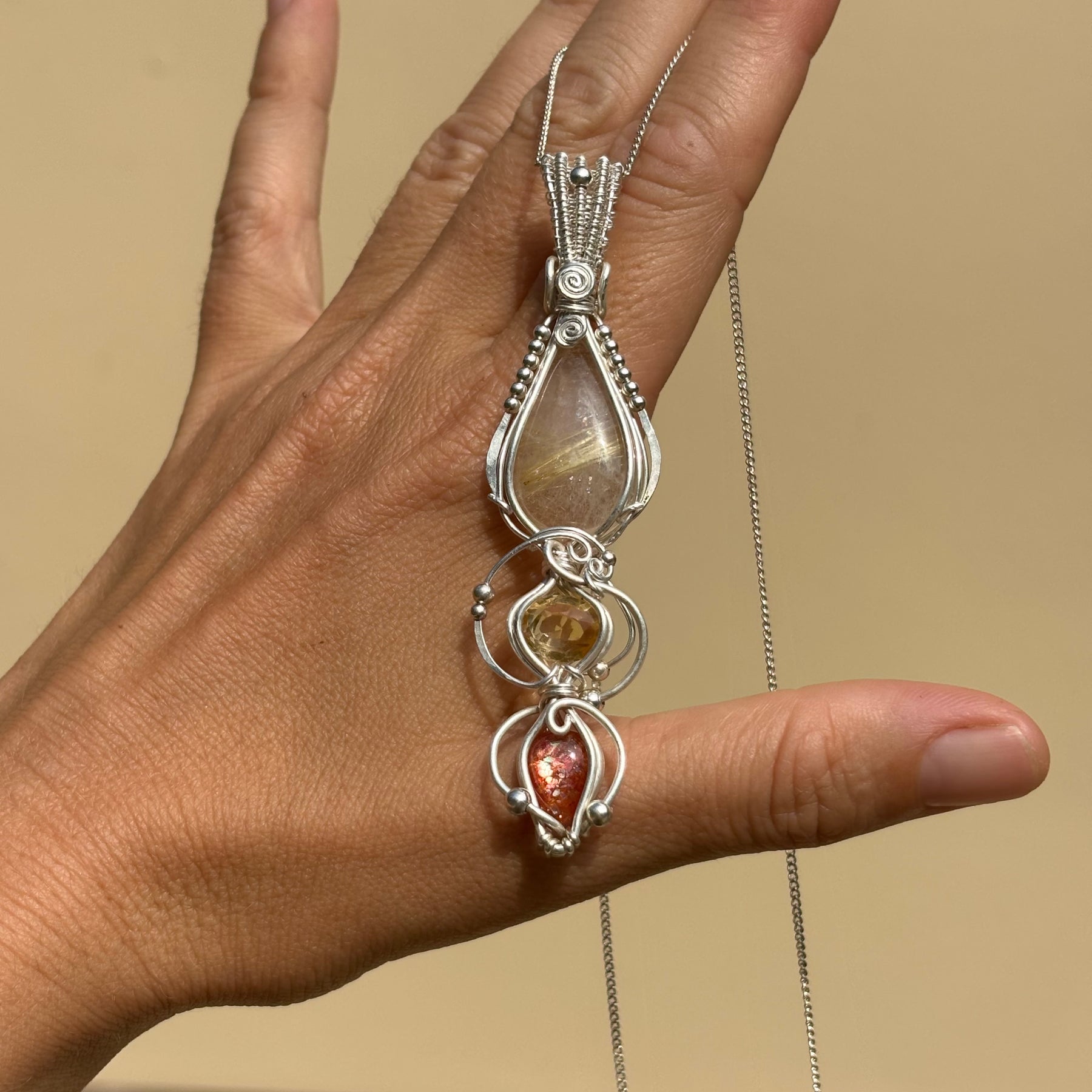 Citrine, Sunstone, Rutilated Quartz Crystal Pendant wire wrap