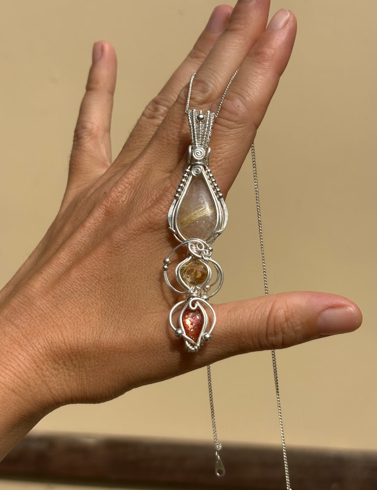 Citrine, Sunstone, Rutilated Quartz Crystal Pendant wire wrap