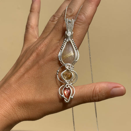 Citrine, Sunstone, Rutilated Quartz Crystal Pendant wire wrap