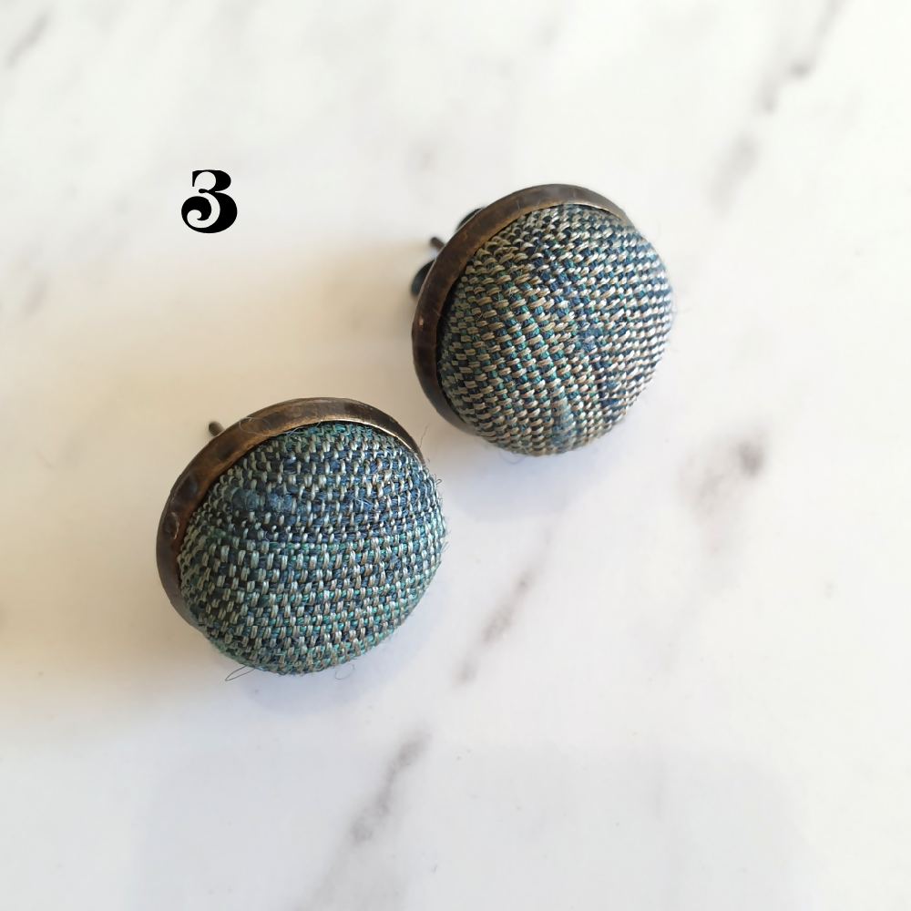 1.4cm Round Green Gradient Japanese Kimono Fabric Bronze colour Cabochon stud earrings