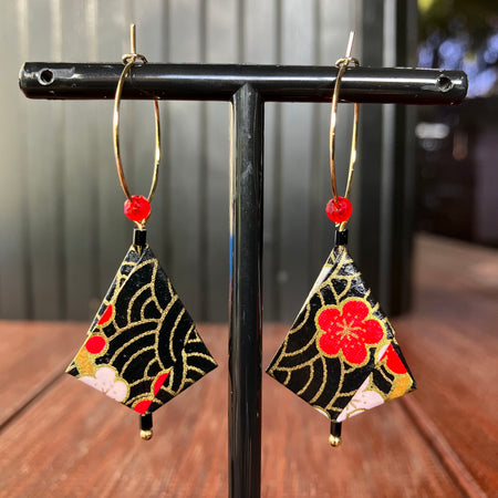 Origami Earrings – Black Waves with Red and Pink Florals