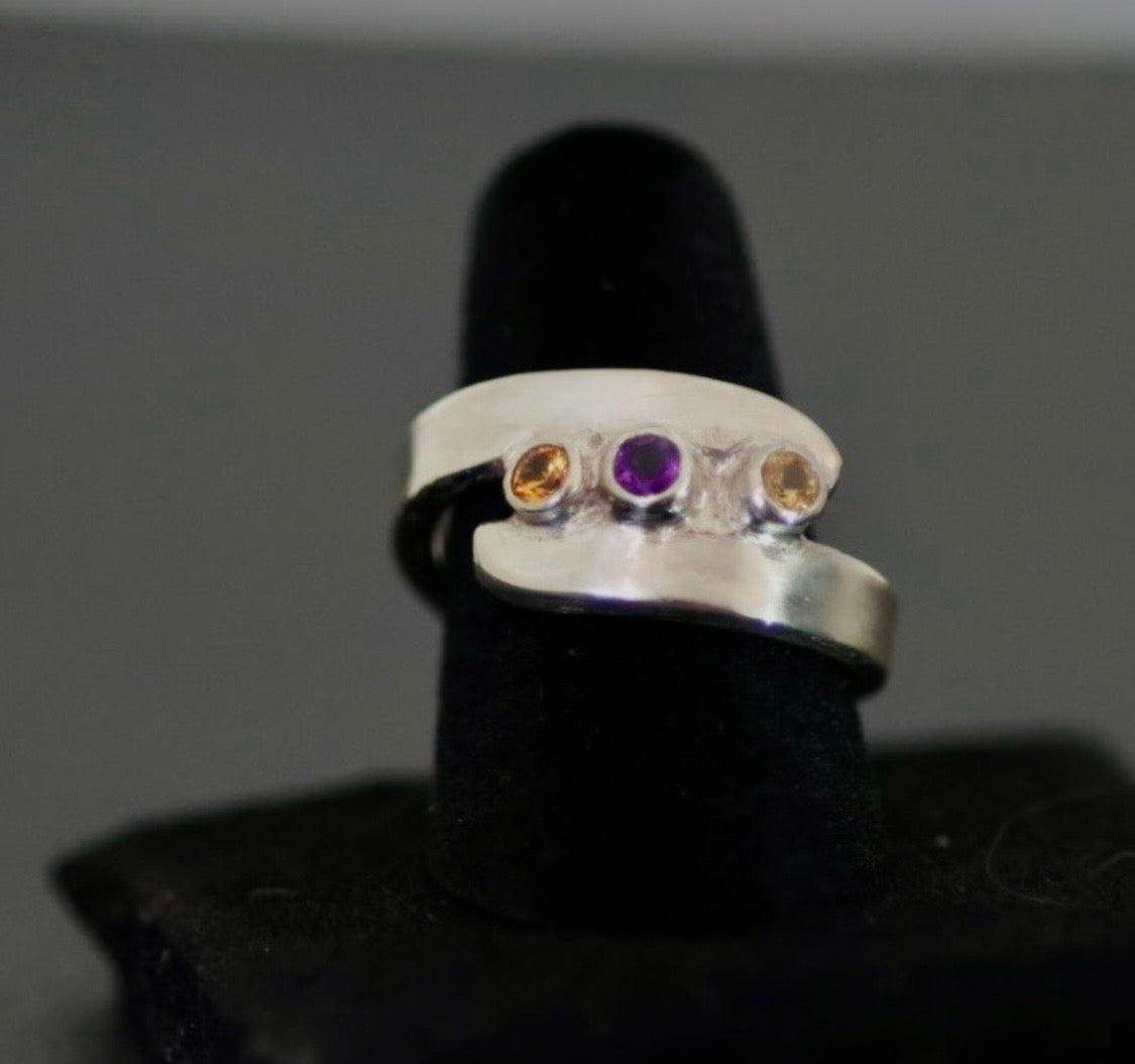 Citrine, Saphire and Amythyst Ring in 925 Silver
