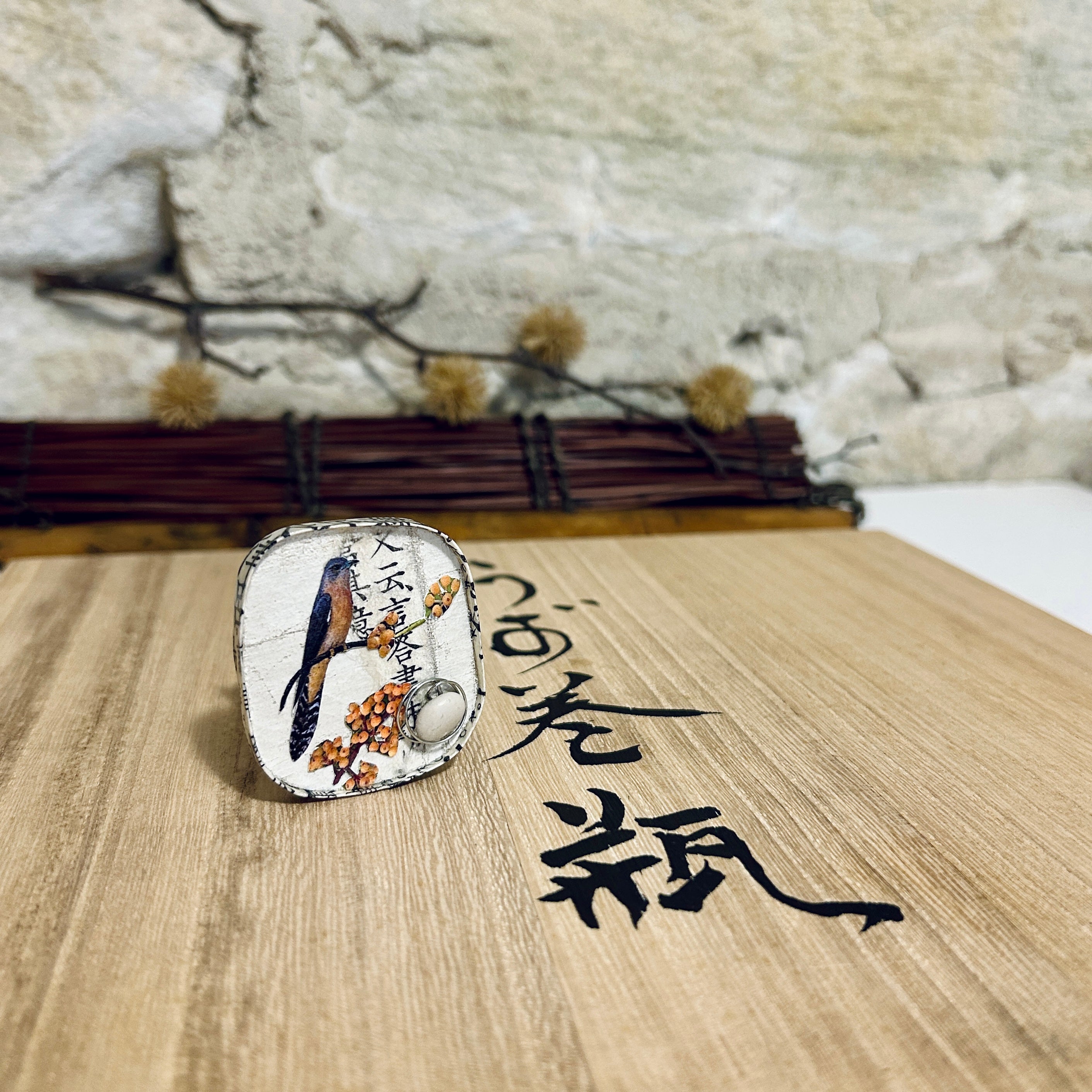 Bird Flower Pebble & Textile Brooch: 4cm x 5cm