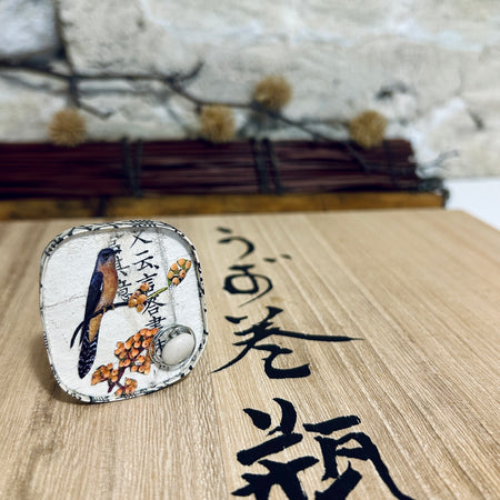 Bird Flower Pebble & Textile Brooch: 4cm x 5cm