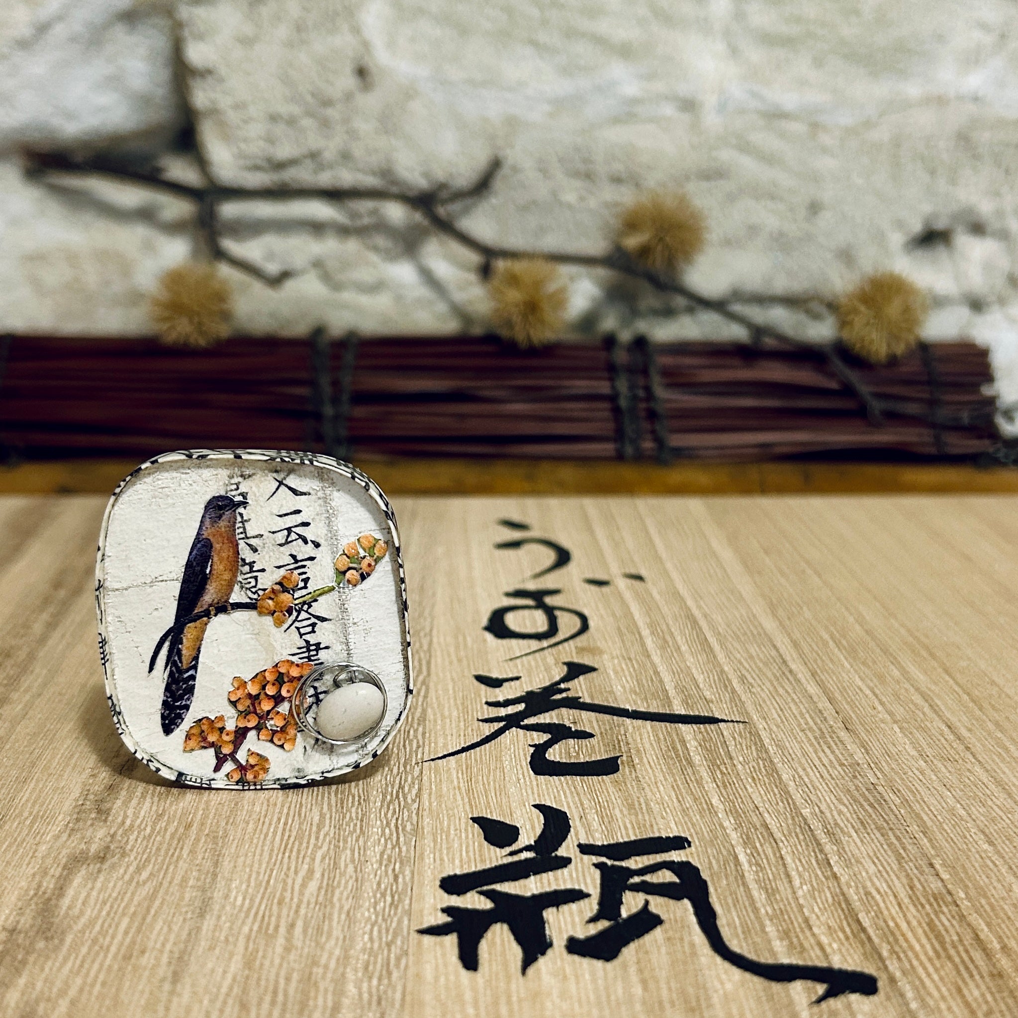 Bird Flower Pebble & Textile Brooch: 4cm x 5cm