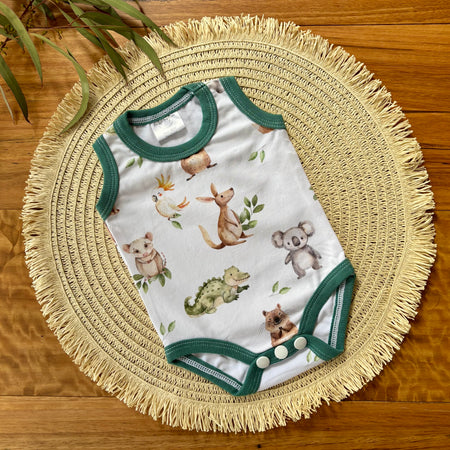 Baby Tank Bodysuit | Green Aussie Animals | Size premmie to 2 | Made to order