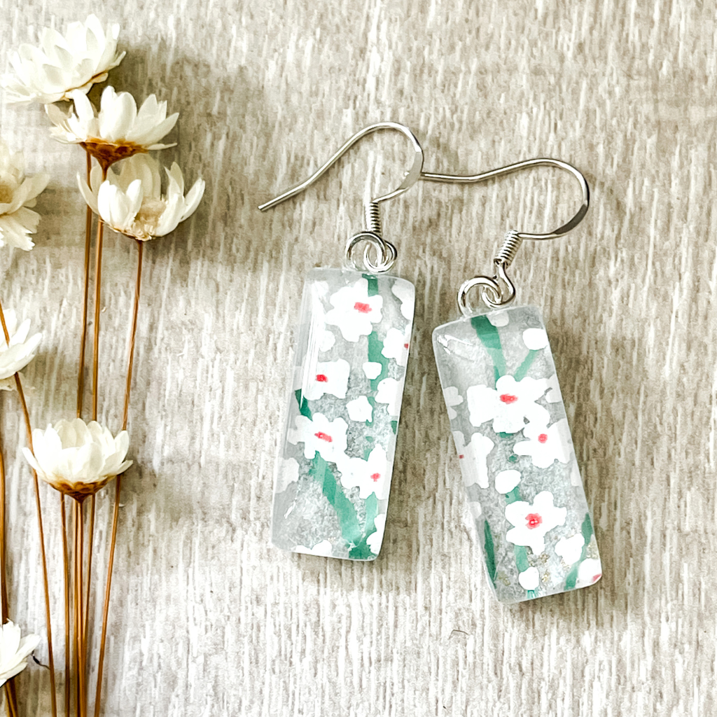 Dainty Floral Sprig Earrings Made with Japanese Papers • Simple Minimalist Earrings For Everyday