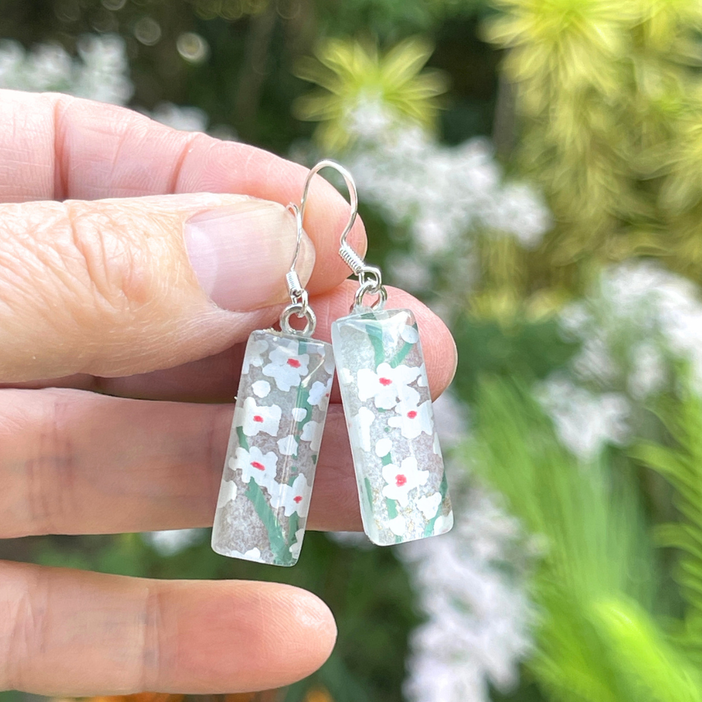 Dainty Floral Sprig Earrings Made with Japanese Papers • Simple Minimalist Earrings For Everyday